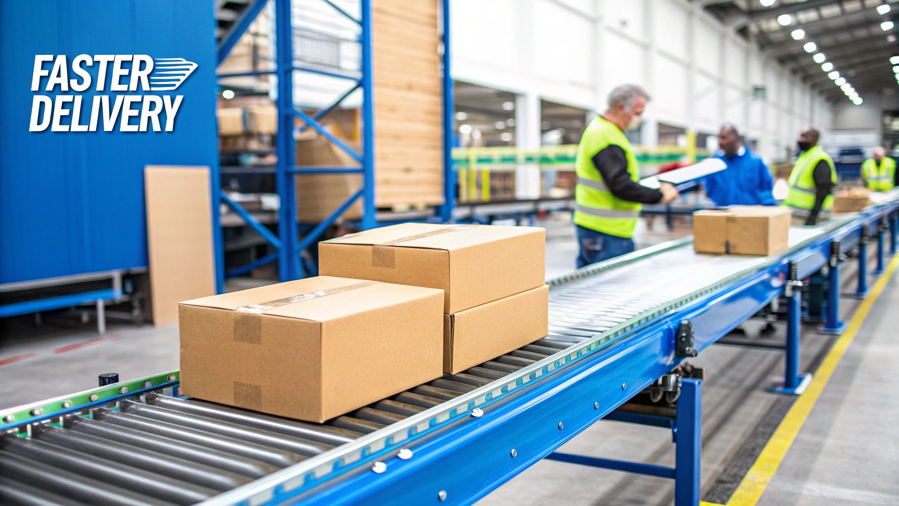A modern cross docking facility with multiple truck bays, showing the efficient flow of goods from one side to the other
