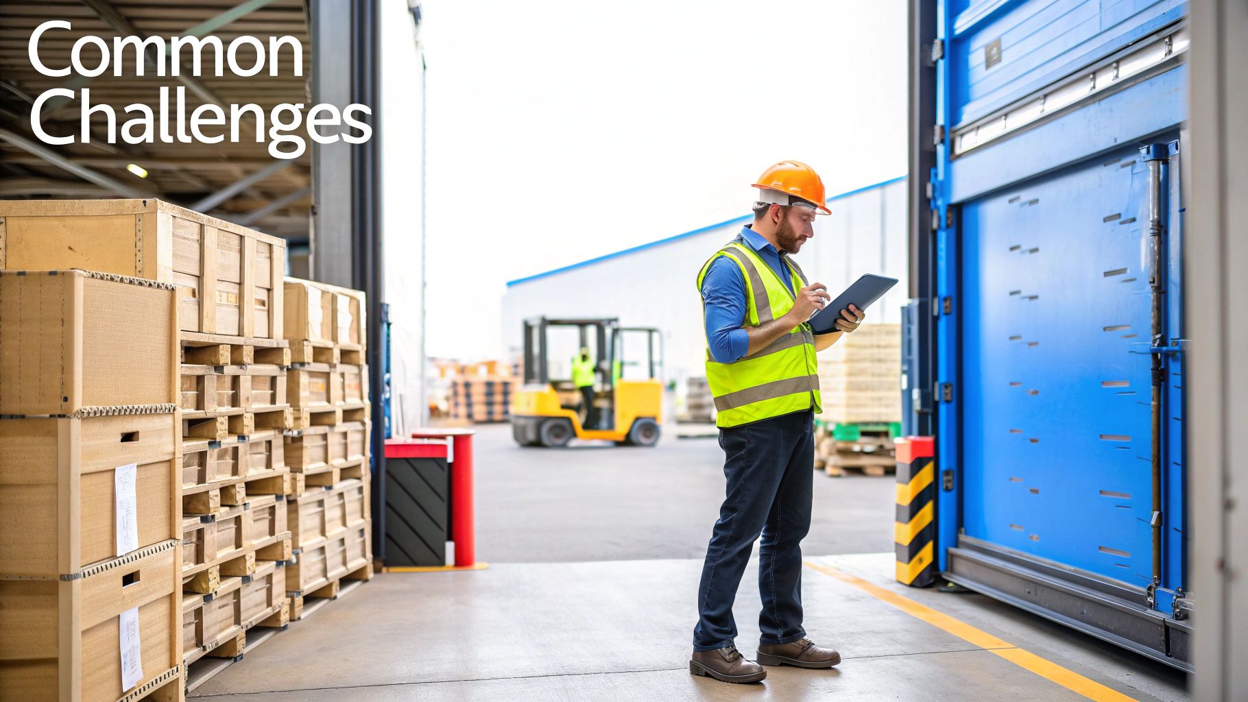 A logistics manager reviewing a checklist on a tablet in a busy cross docking terminal