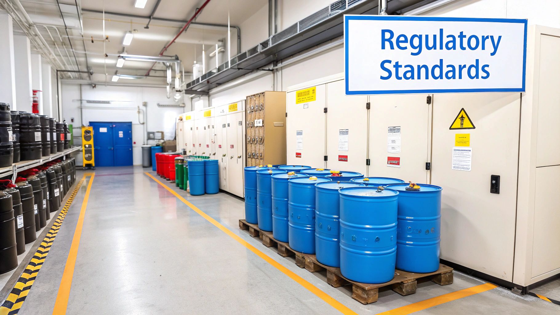 Workers in protective gear handling barrels of hazardous materials in a warehouse.