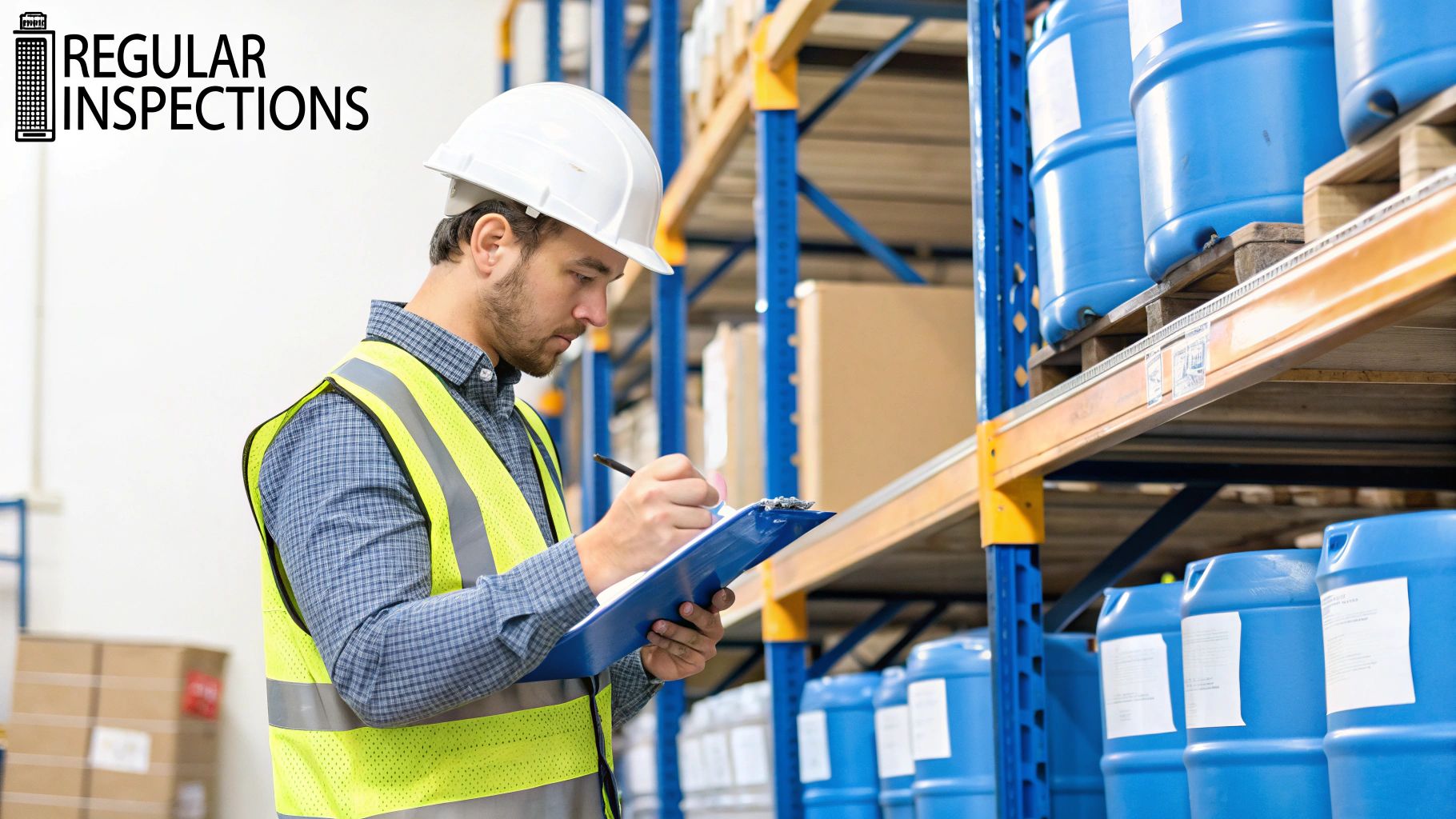 A warehouse worker wearing safety gear carefully inspects a warning label on a chemical drum, highlighting the importance of proper labeling.