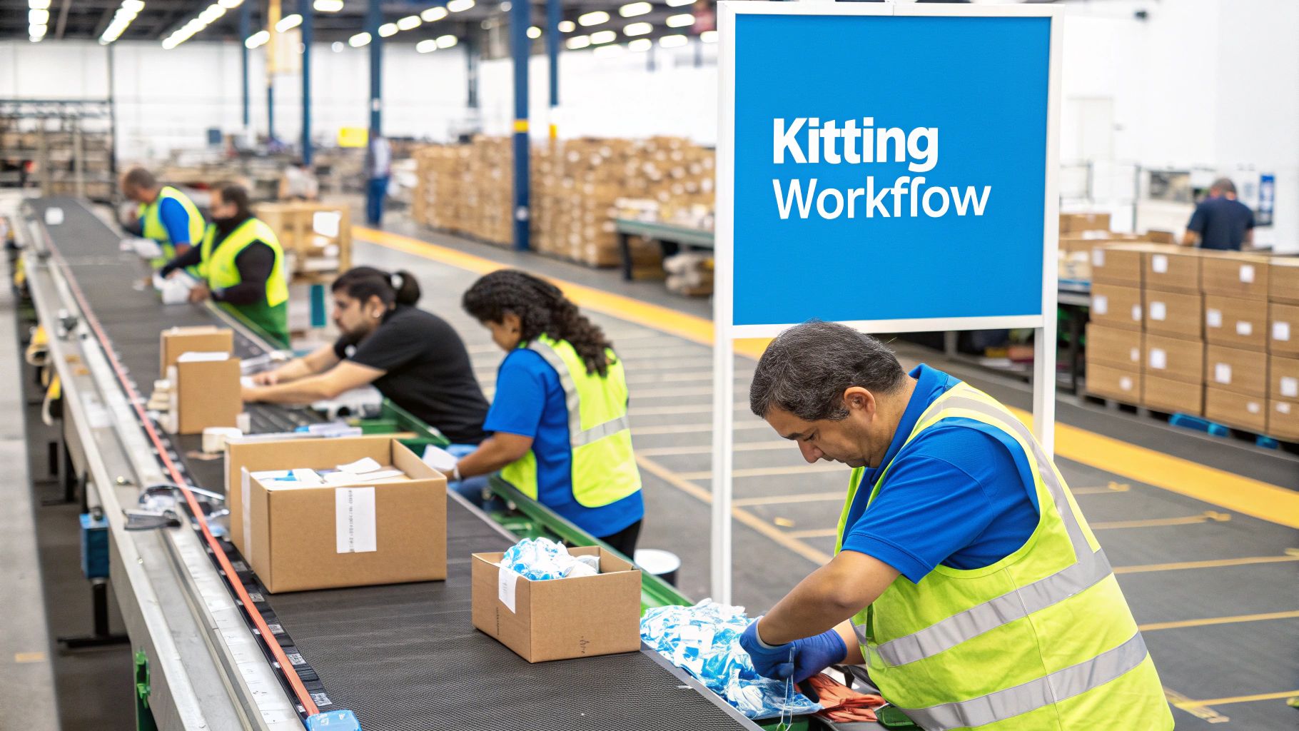 Warehouse staff assembling and packing kits at a dedicated station.