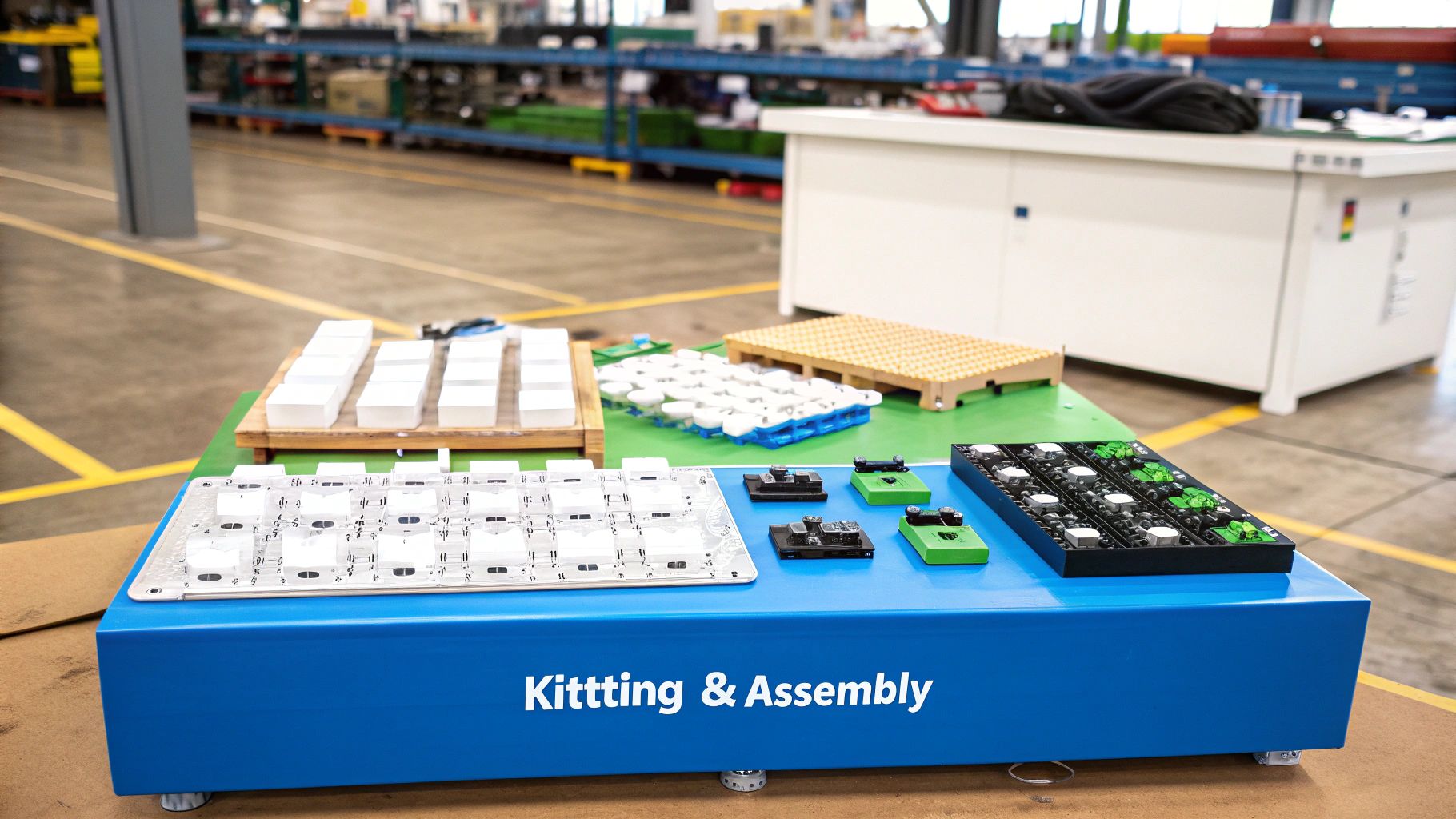 A warehouse worker efficiently organizing products into kits on a packing station
