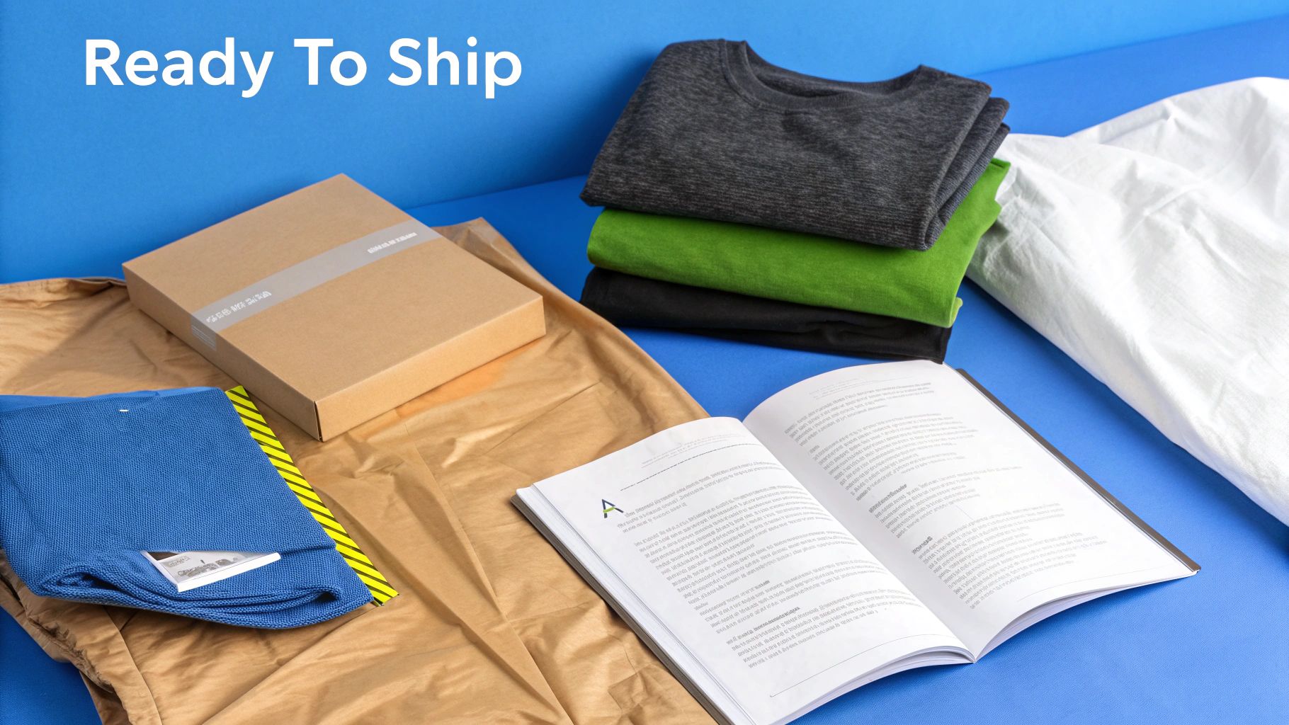 A person packing a blue sweater into a white poly mailer.