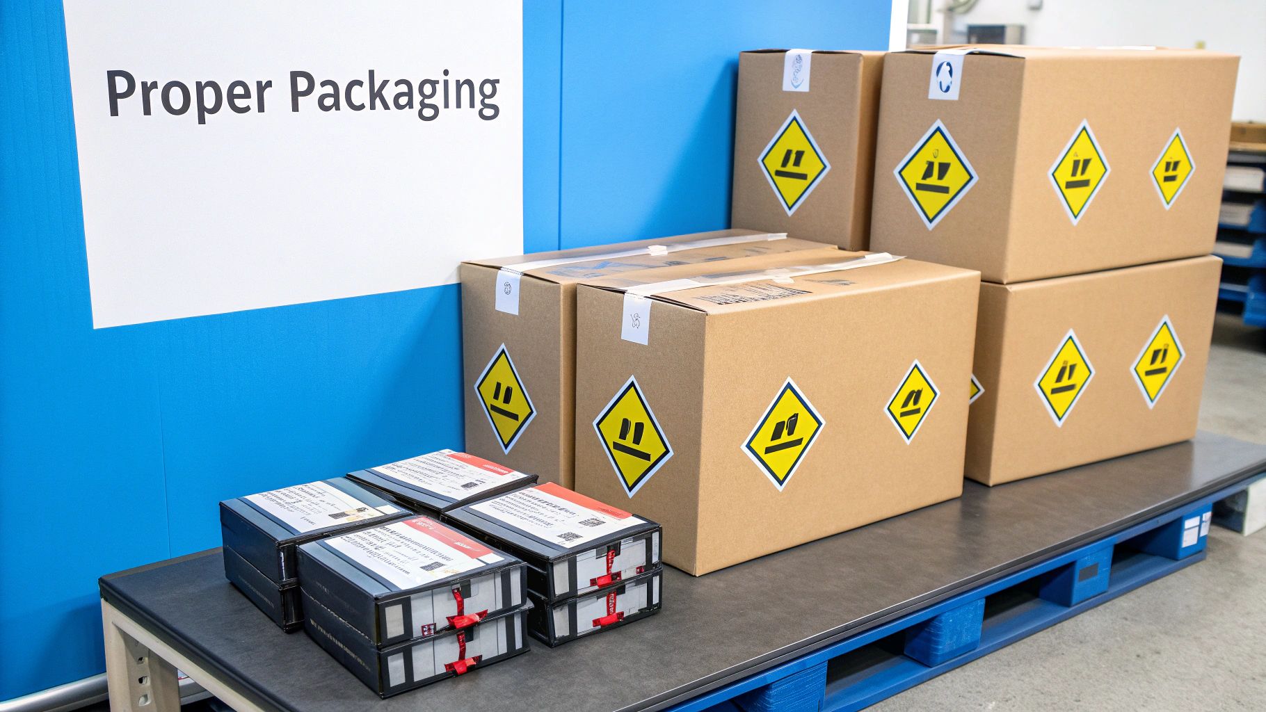 A person carefully placing a labeled lithium battery package onto a shipping cart.