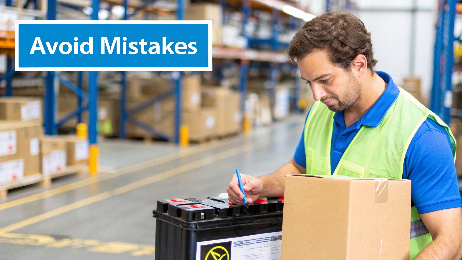 A warehouse worker reviewing a shipping label on a package, highlighting the importance of accuracy.