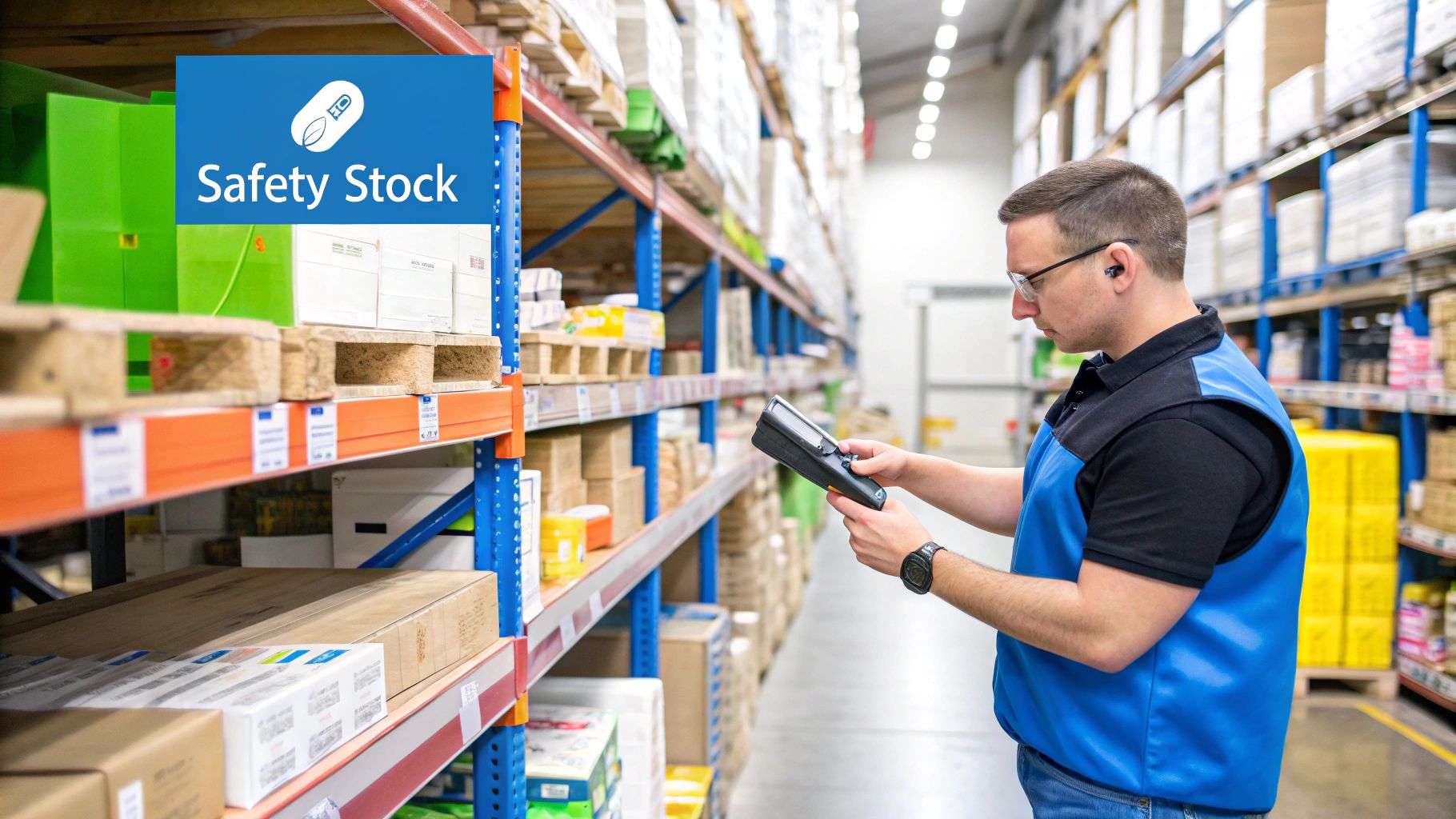 A warehouse worker checking inventory on a tablet, symbolizing the management of safety stock.