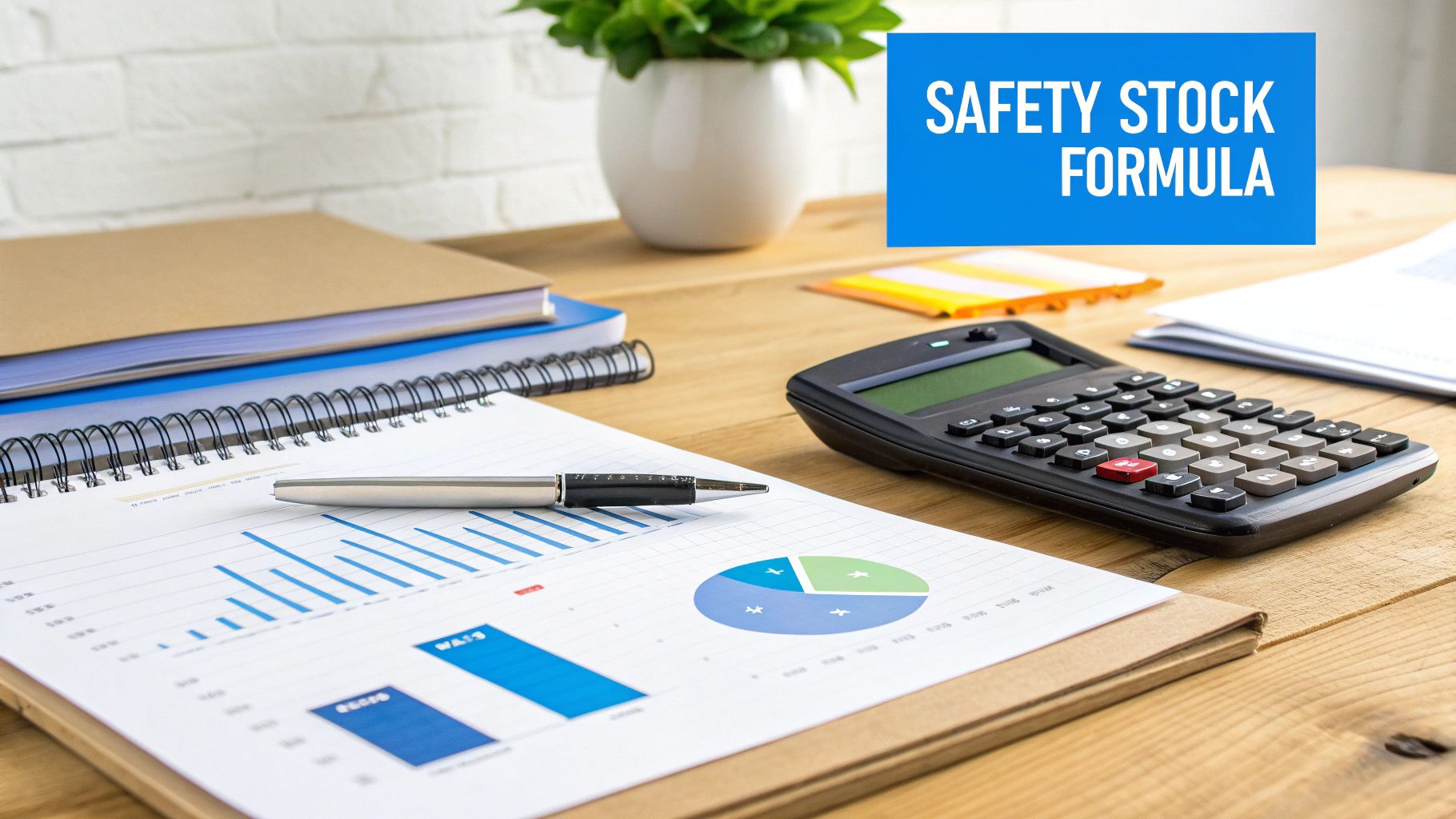 A hand using a calculator with inventory sheets in the background, illustrating the calculation of safety stock.