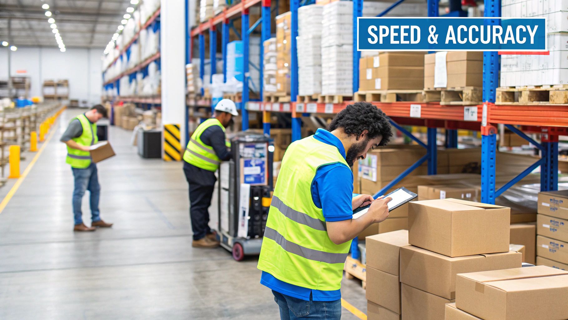 A busy ecommerce warehouse with workers picking orders