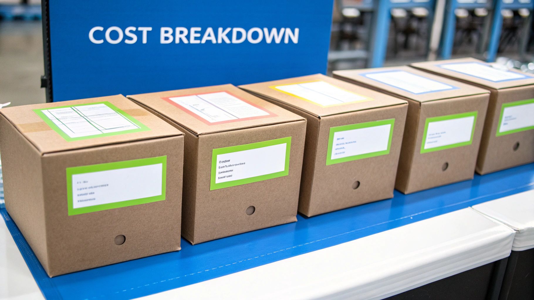 Close-up of a warehouse shelf packed with labeled boxes, illustrating organized inventory storage