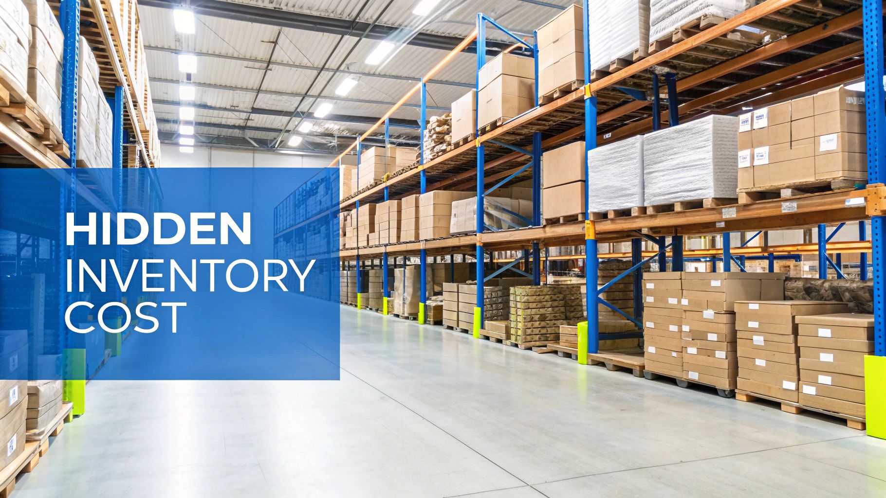 A warehouse worker scans boxes on a shelf, representing inventory management and carrying costs