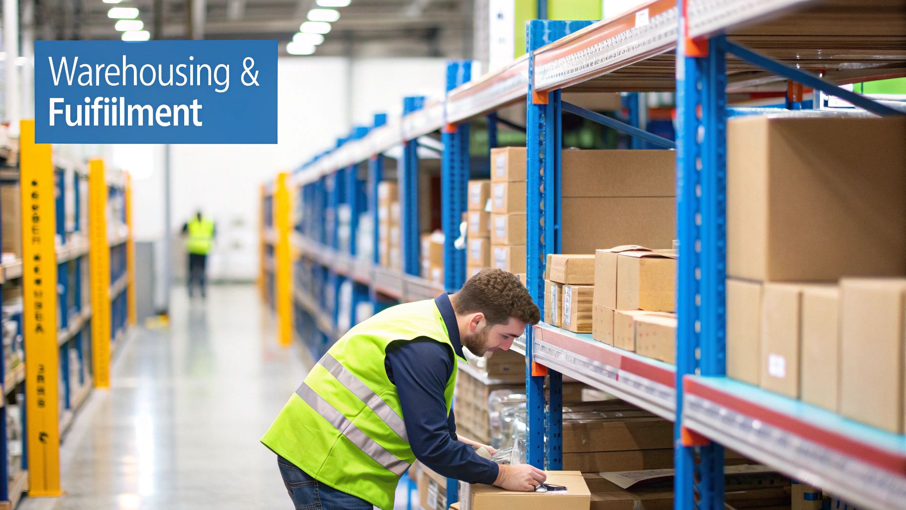 A logistics manager reviewing inventory data on a tablet inside a large, modern warehouse