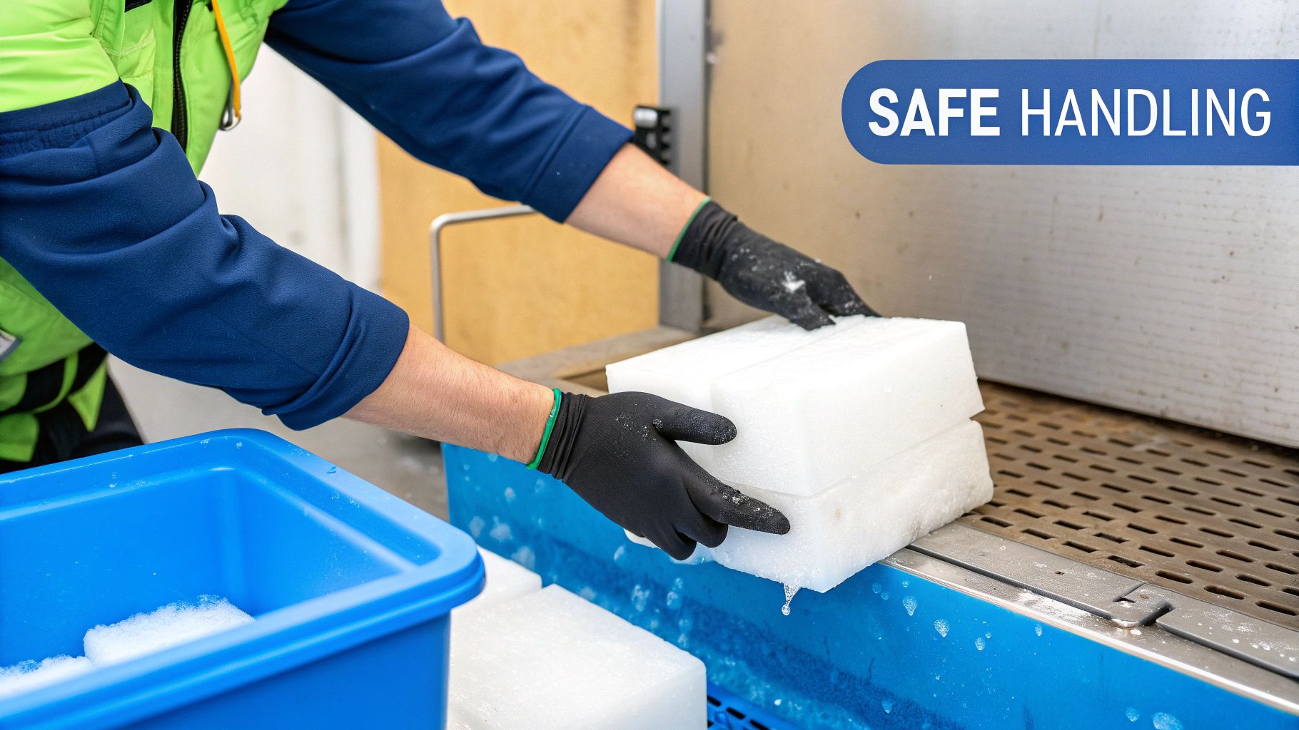 Insulated gloves and safety glasses displayed for handling dry ice safely.