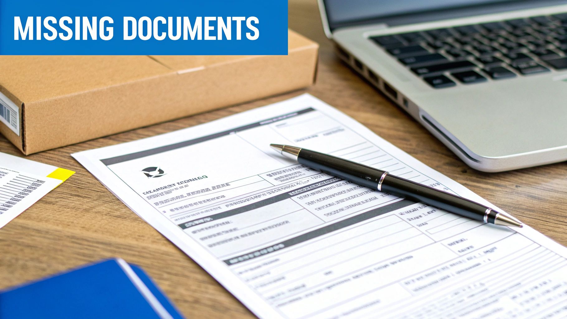 A customs officer meticulously inspecting documents on a clipboard in a busy warehouse setting.