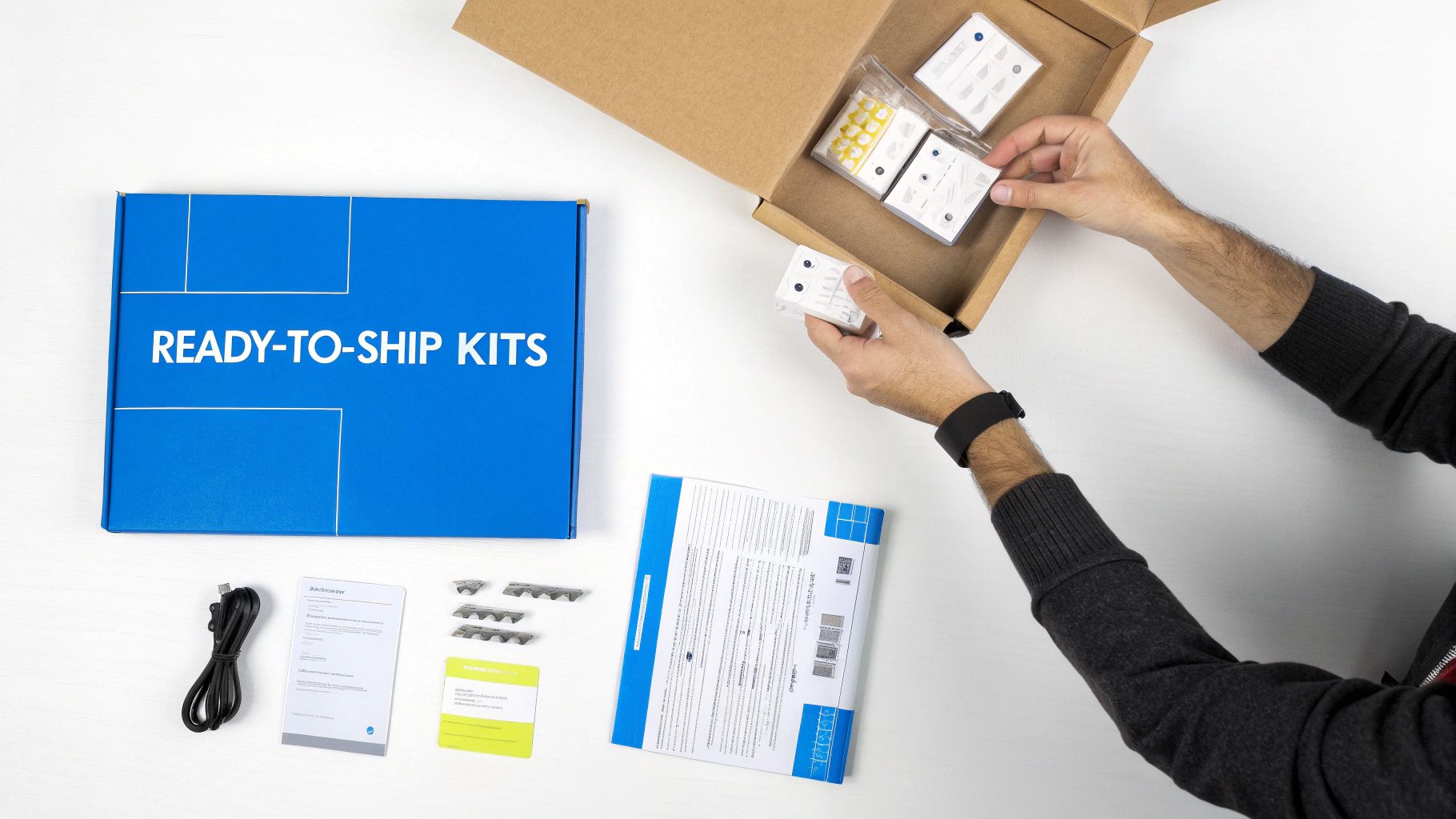 A team in a warehouse carefully assembling product kits in custom boxes, showcasing the kitting process.