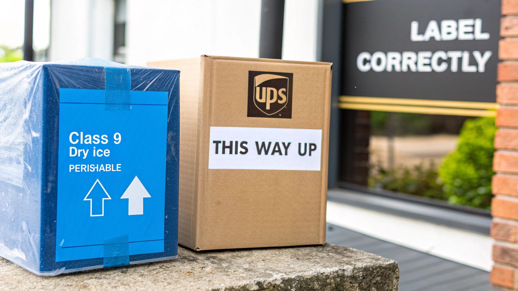 A person carefully applying a 'Keep Frozen' sticker to a shipping box filled with insulated packaging.