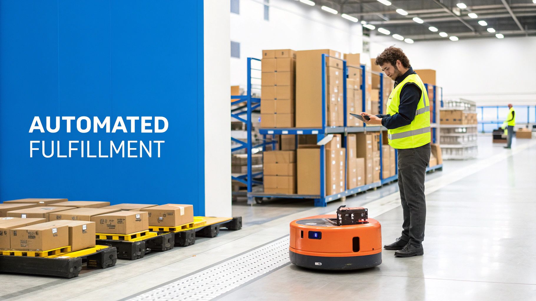 A warehouse worker uses a tablet to manage inventory with automated robotic shelves in the background.
