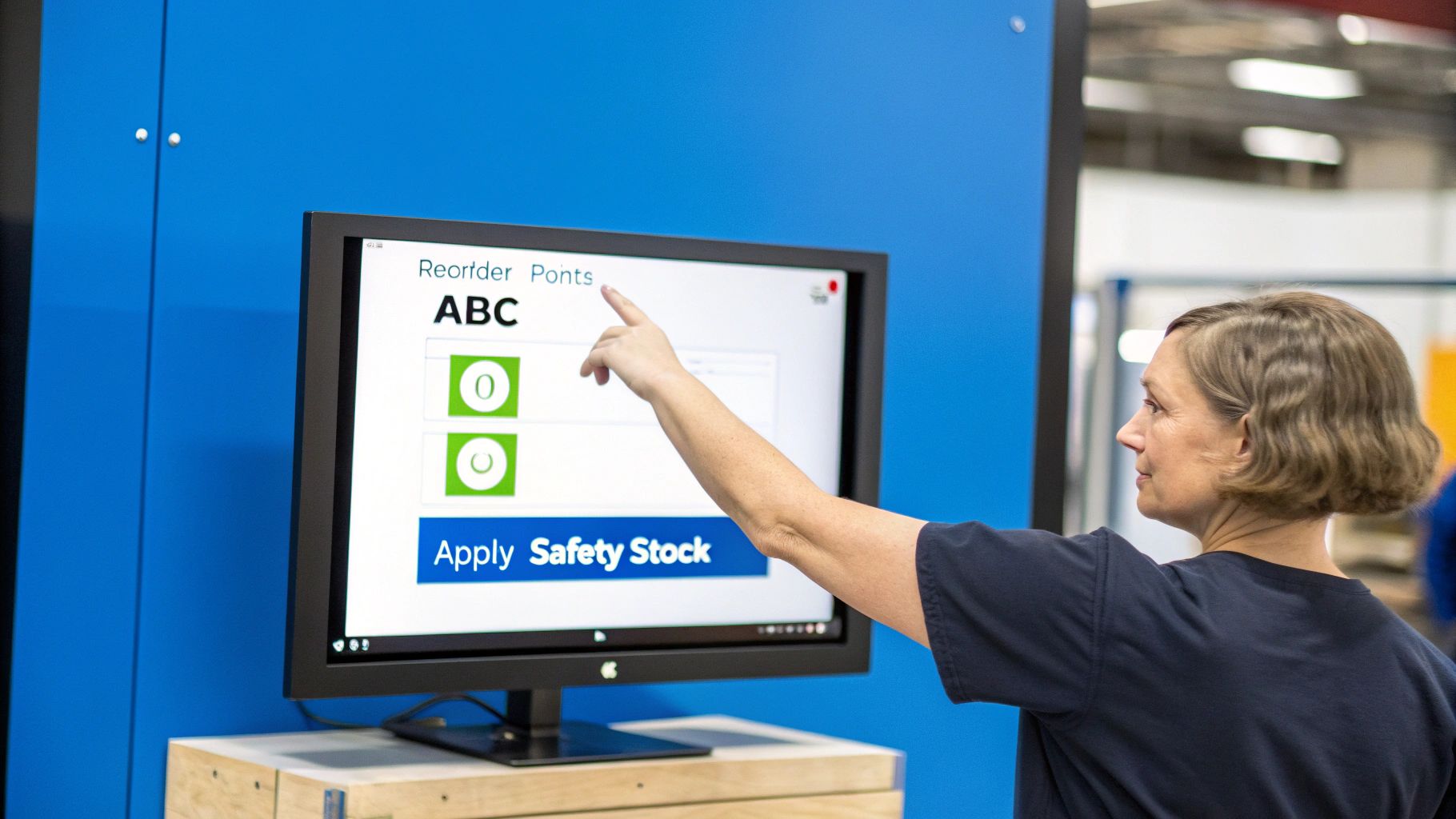 Man using a calculator and looking at a laptop in a warehouse setting
