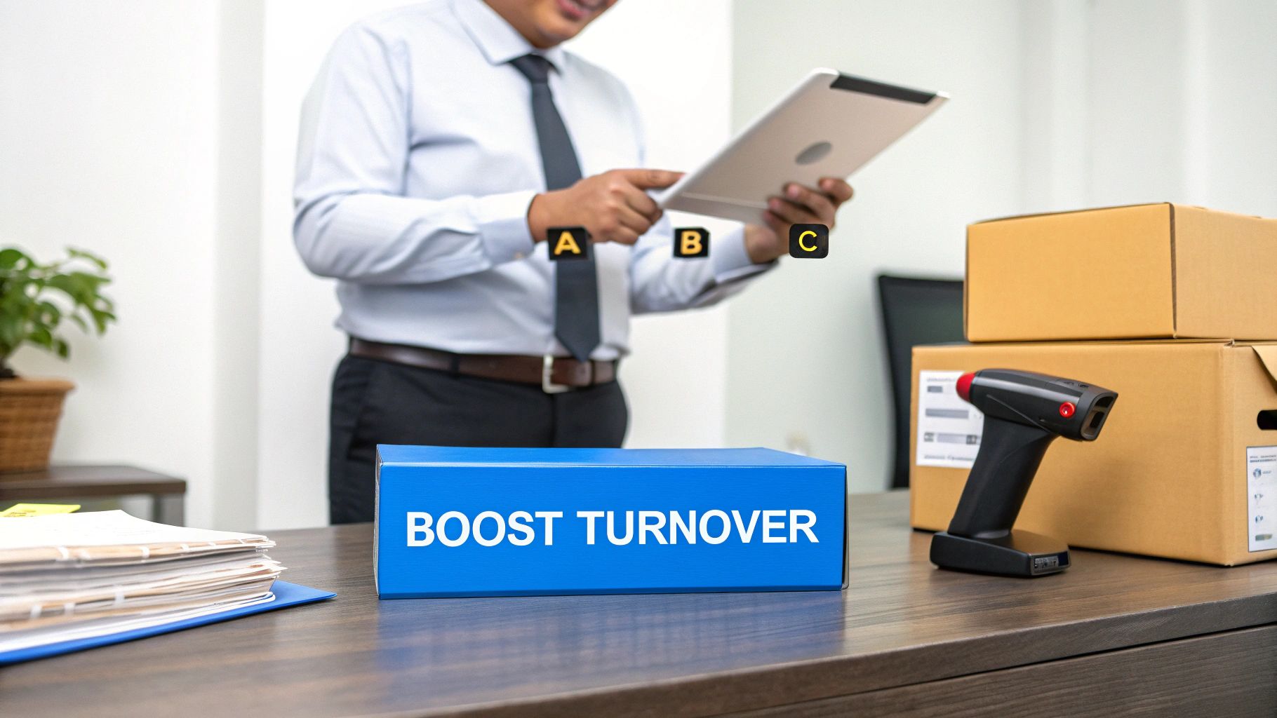 Warehouse manager using a tablet to scan boxes and manage inventory.