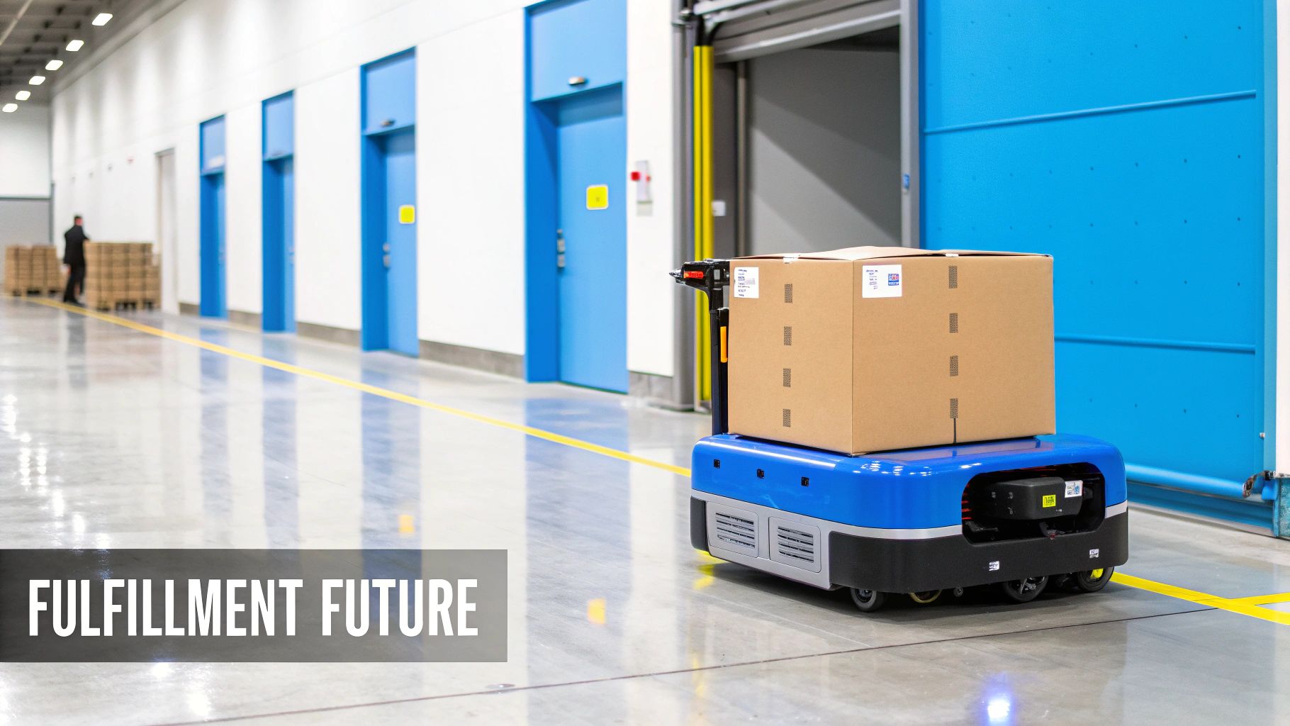 Warehouse robots moving shelves in an automated fulfillment center.