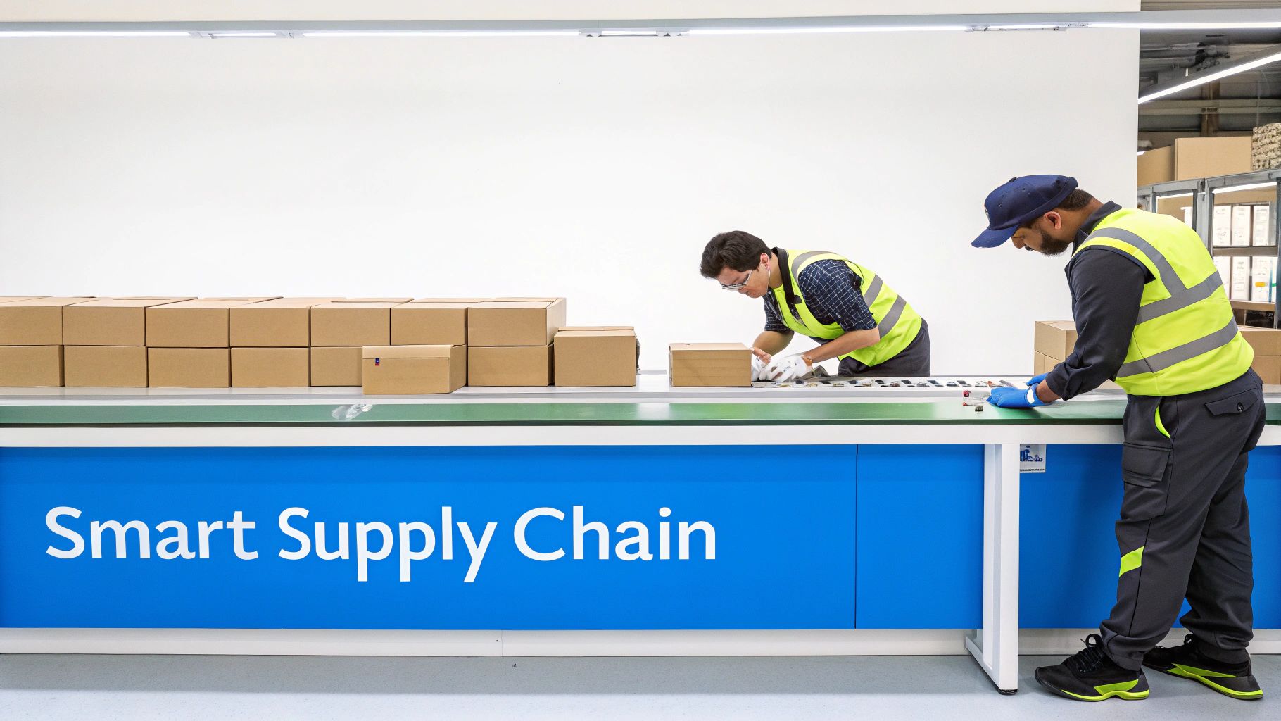 Warehouse workers efficiently packing boxes, illustrating an optimized supply chain.