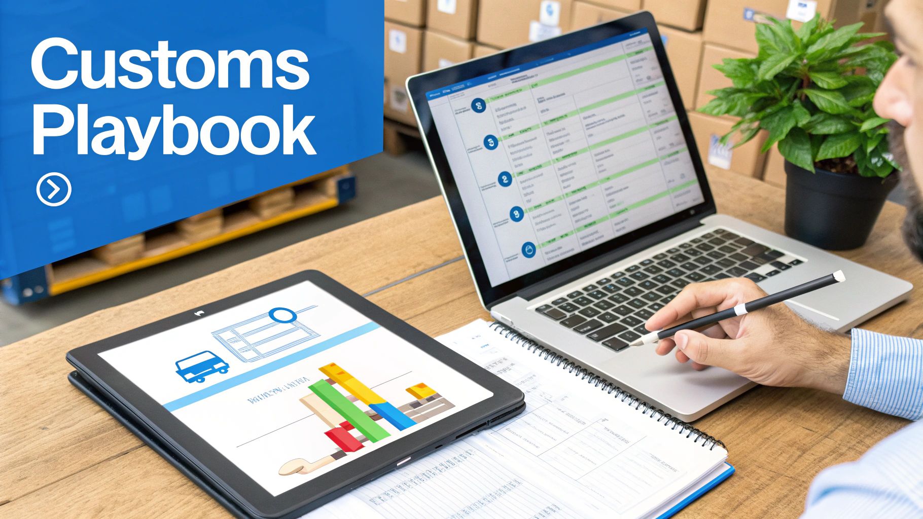 A person at a desk reviewing shipping documents on a computer and taking notes.