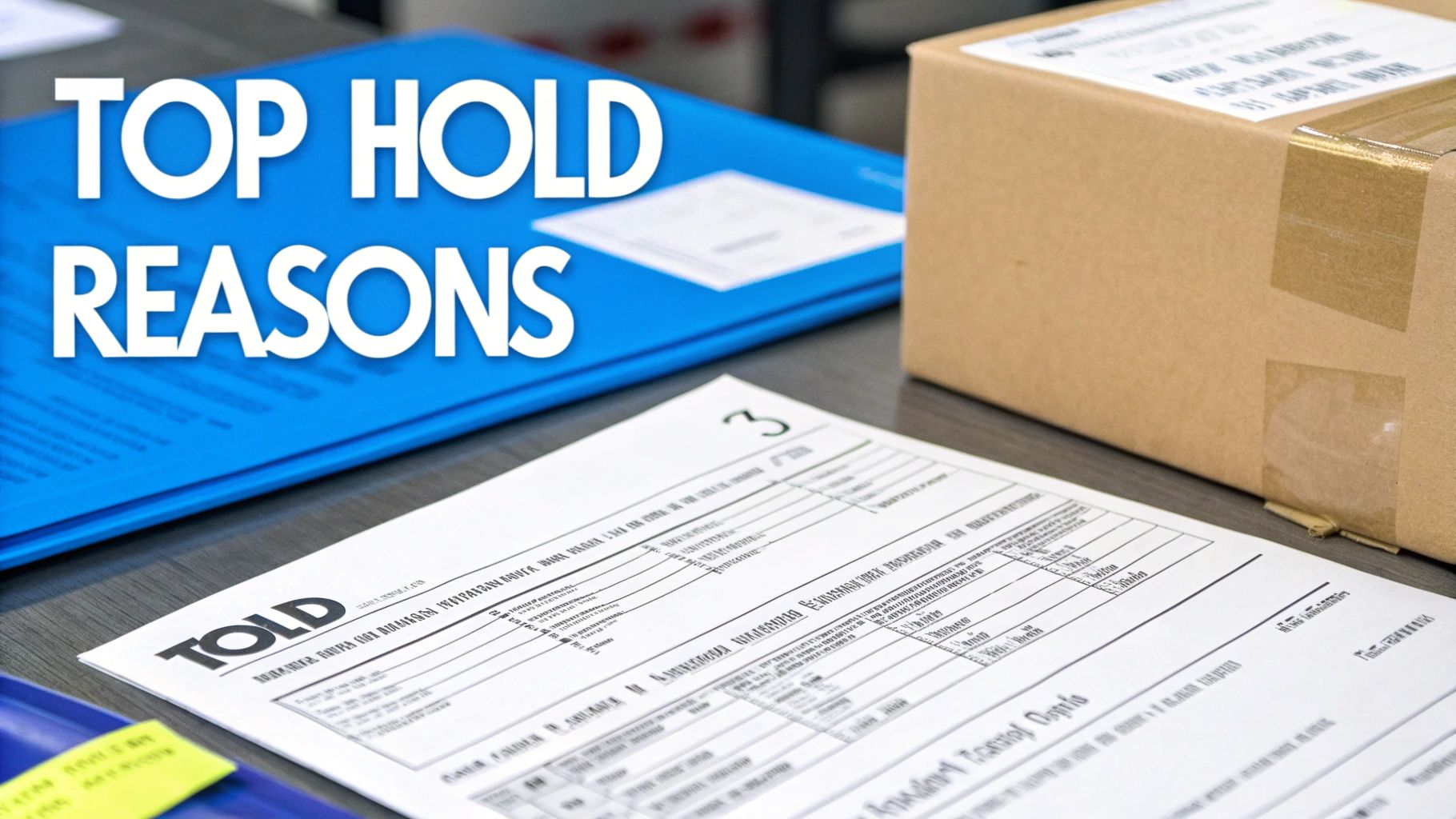 Magnifying glass over shipping documents and boxes