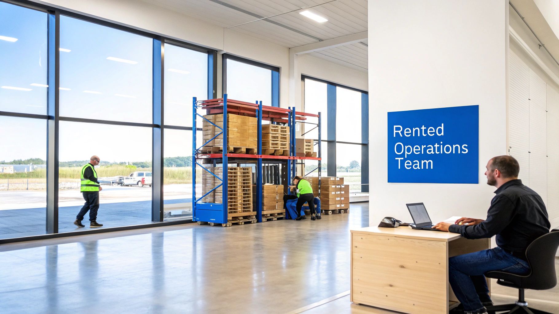 A large, modern warehouse with organized shelves and workers processing orders