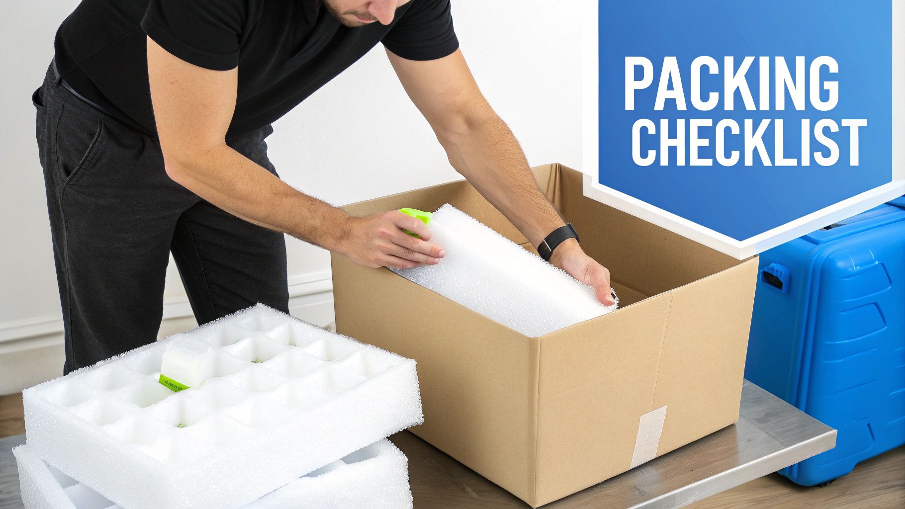 A person safely packing a box with dry ice for shipping, using protective gloves.