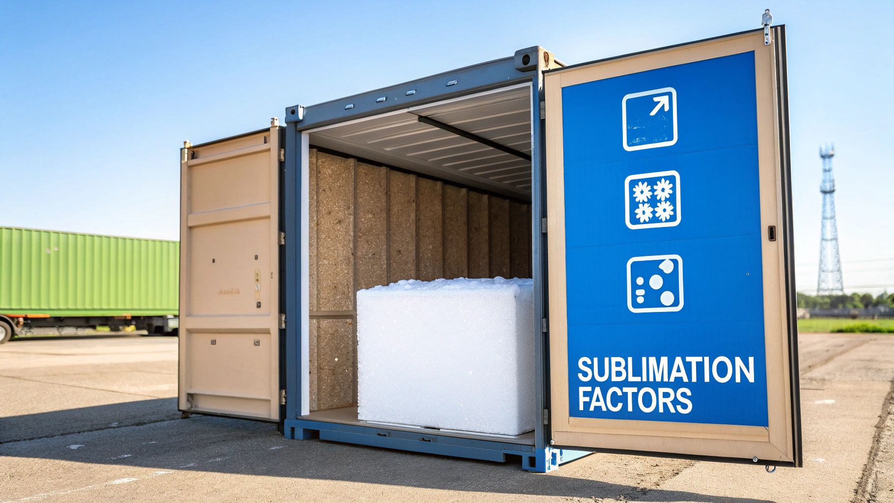 A person wearing protective gloves carefully places a block of dry ice into an insulated shipping container.