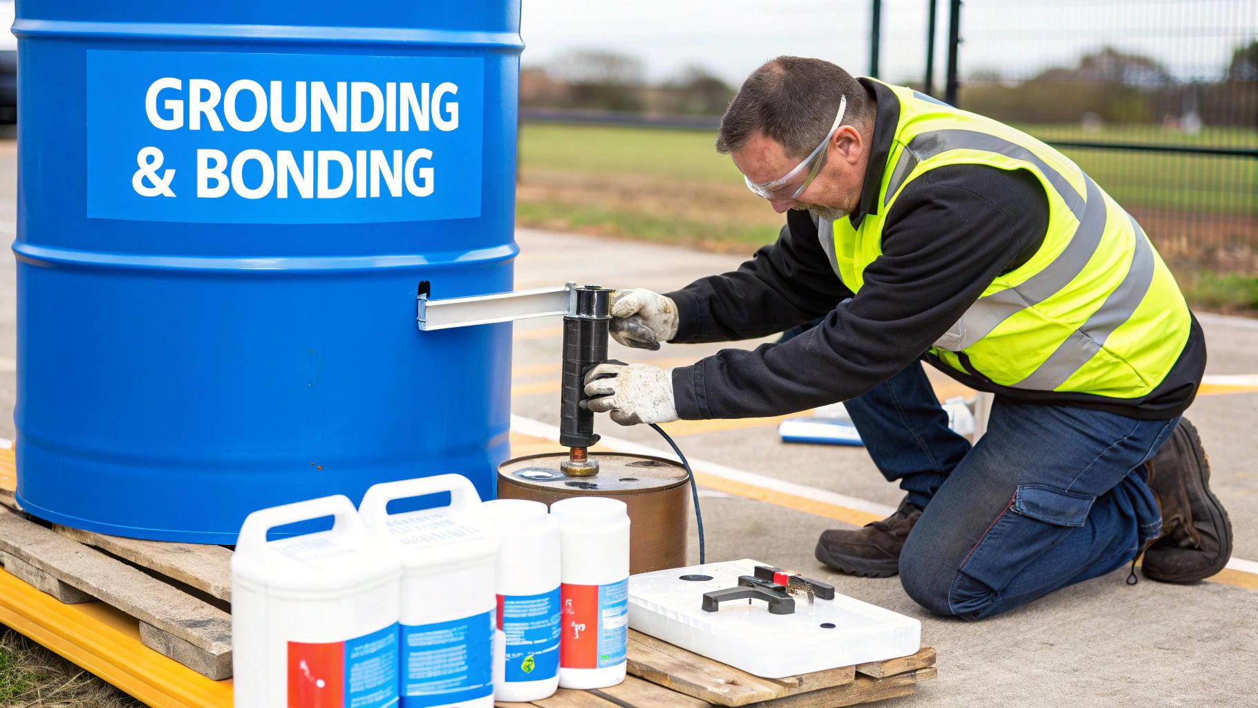 A person in protective gear carefully labeling a container of flammable liquid in a well-organized storage area.