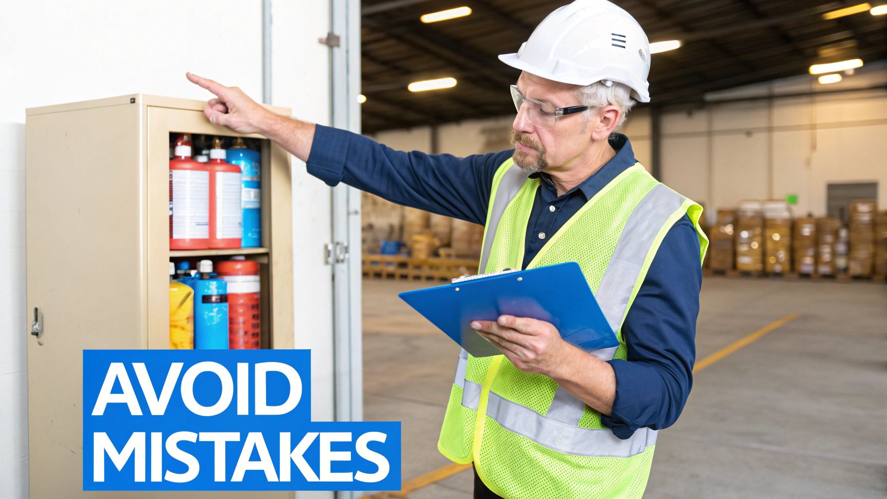 A red warning sign with a flame symbol and the text 'DANGER FLAMMABLE MATERIALS' is prominently displayed in a storage area.