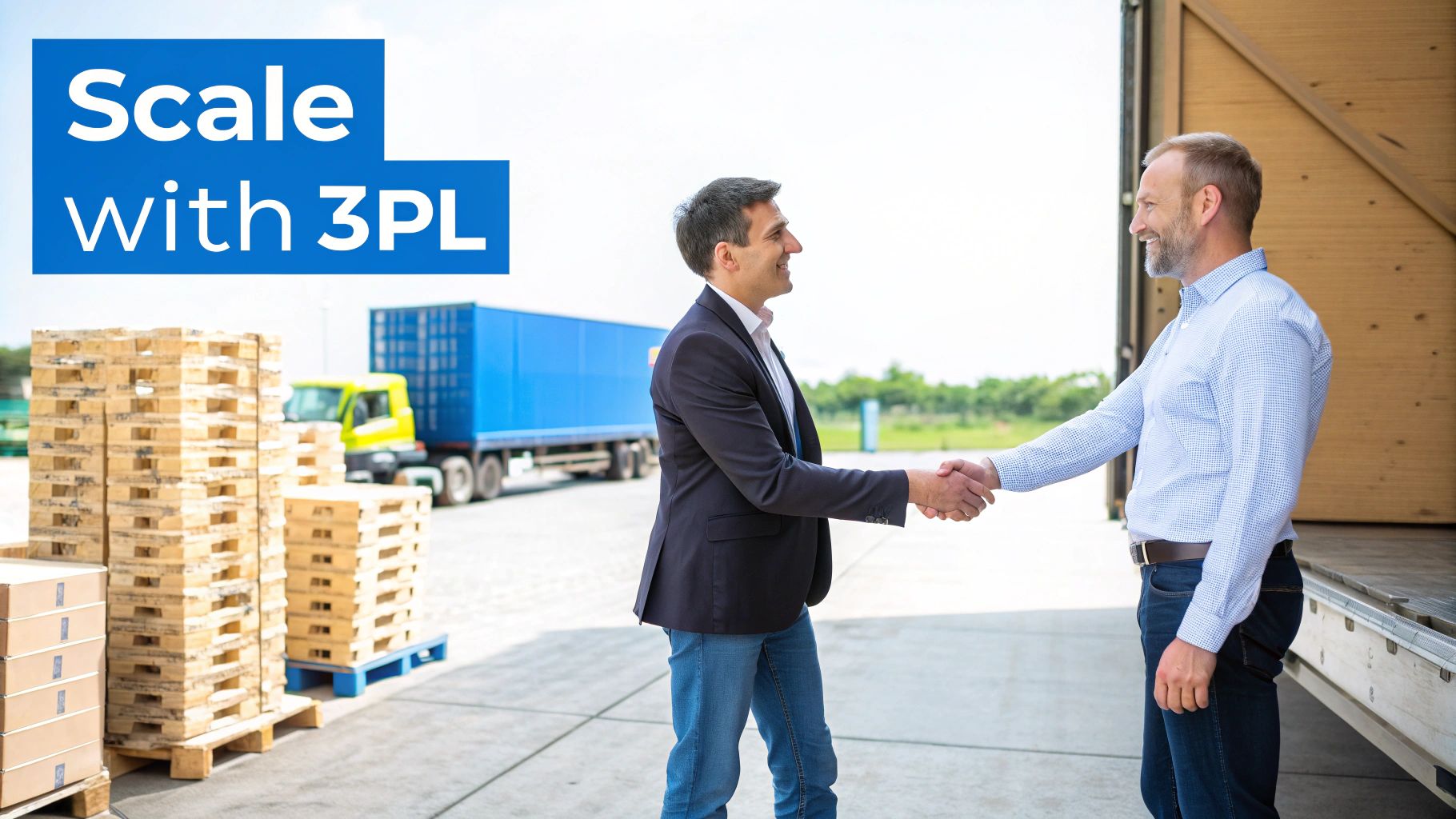 A logistics manager reviewing data on a tablet inside a busy warehouse.