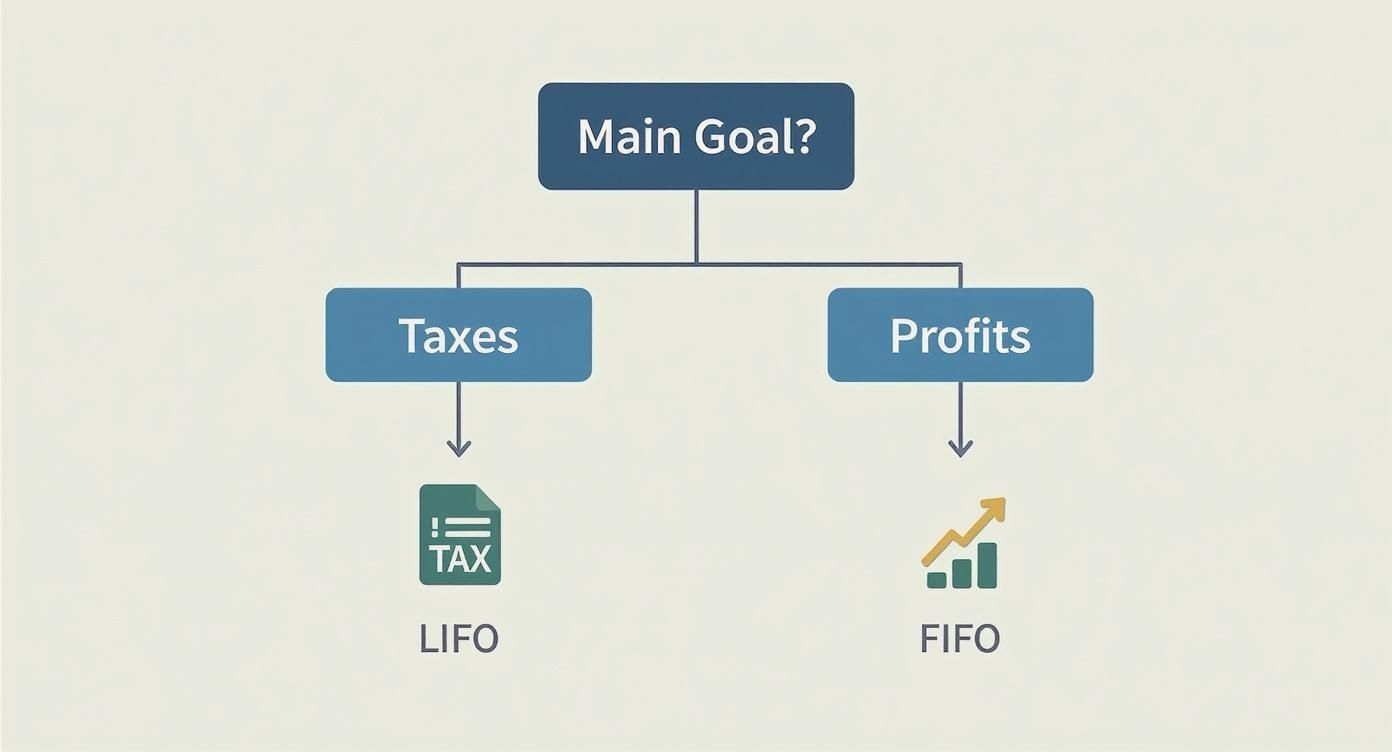 Infographic showing a decision tree for inventory valuation methods. The main question is 'Main Goal?' which branches to 'Taxes' (leading to LIFO) and 'Profits' (leading to FIFO).