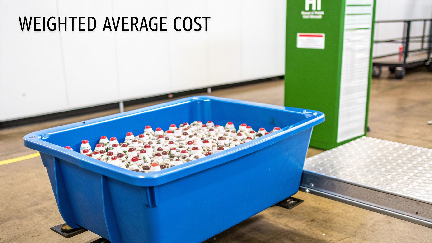 A close-up shot of various coffee beans being mixed in a large bin, representing the blending of costs in the WAC method.