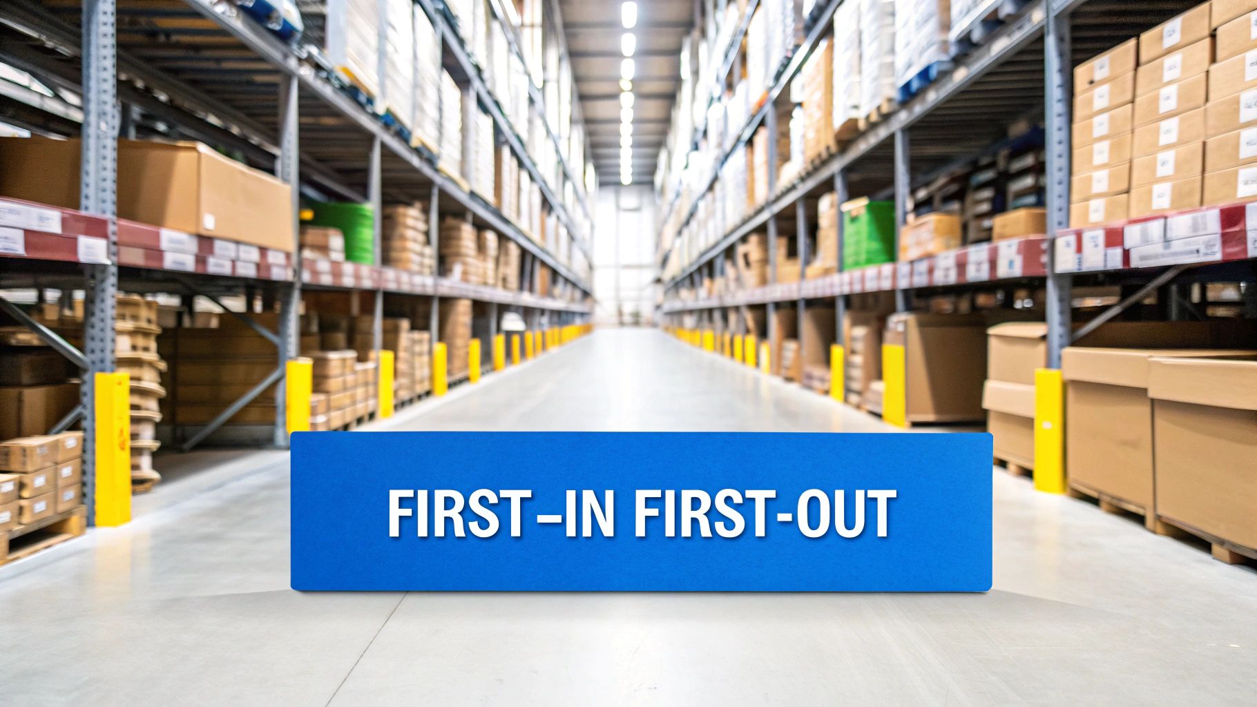 A warehouse worker efficiently organizes boxes on a pallet, representing the systematic flow of inventory.