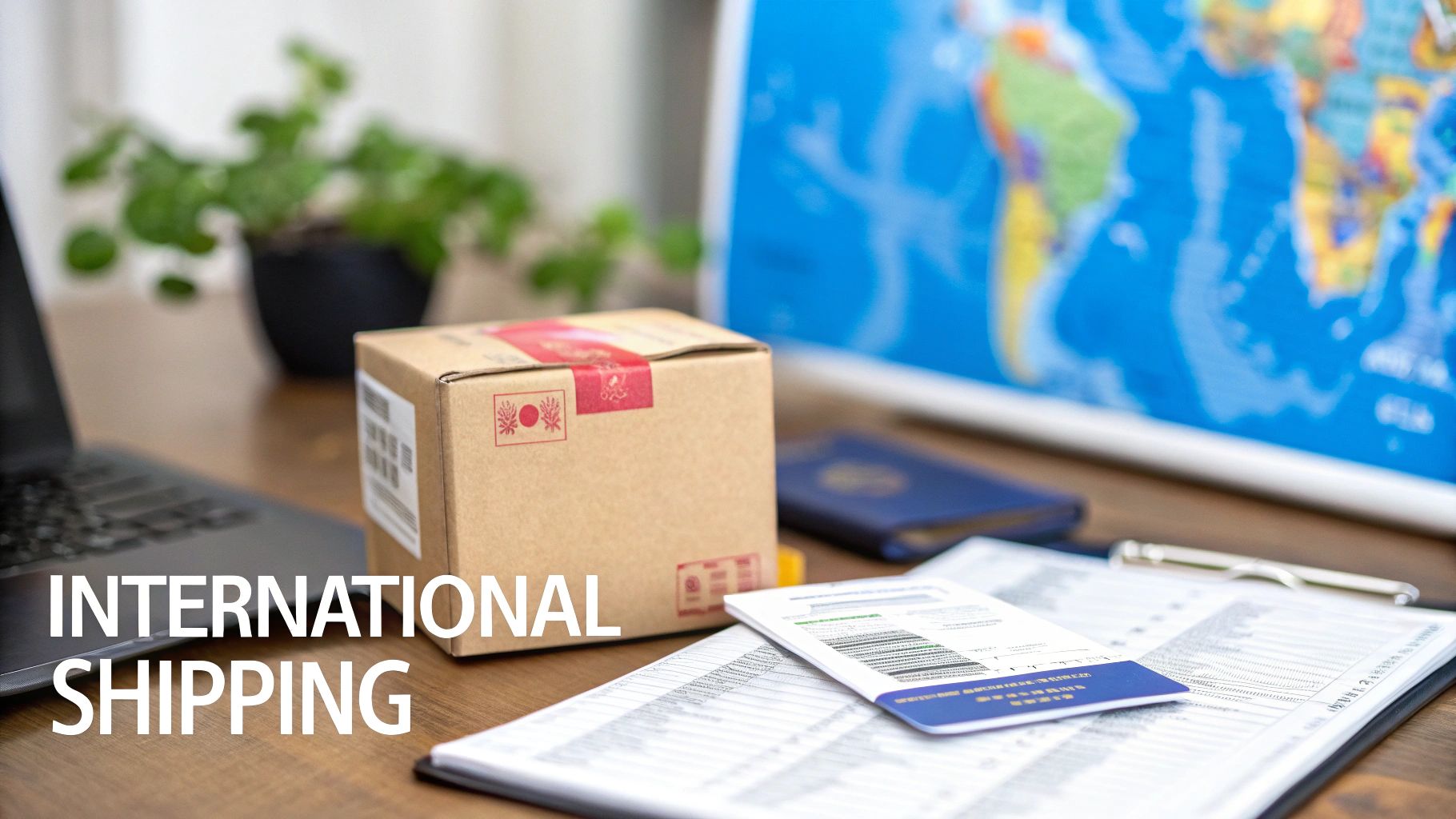 An illustrated globe with airplanes and packages circling it, representing global logistics