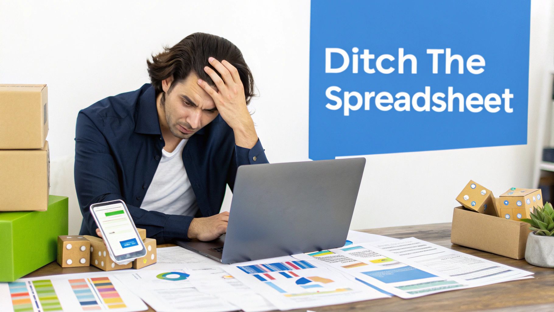 A person managing inventory in a warehouse with a tablet