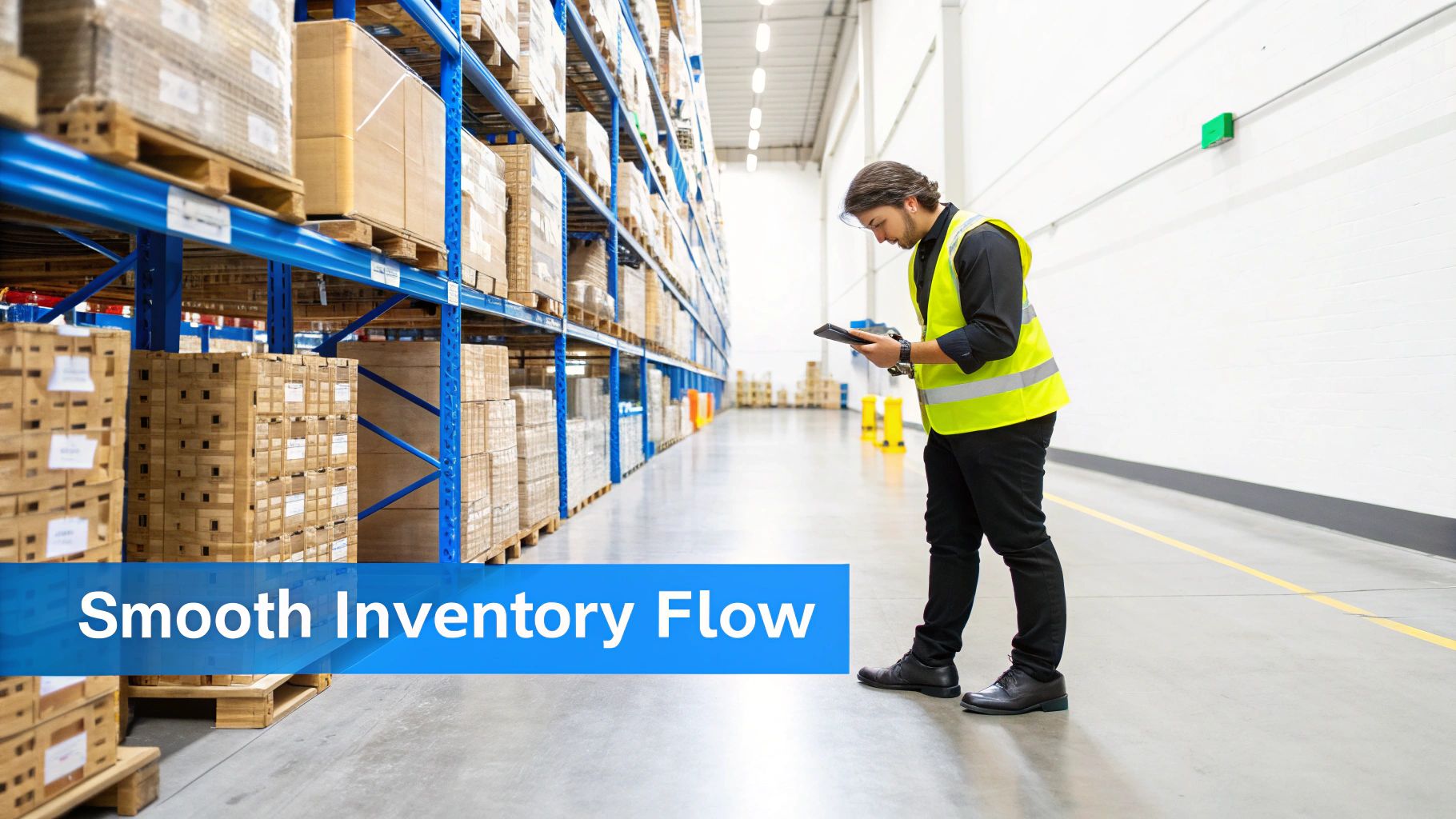 Woman using a scanner in a well-organized warehouse