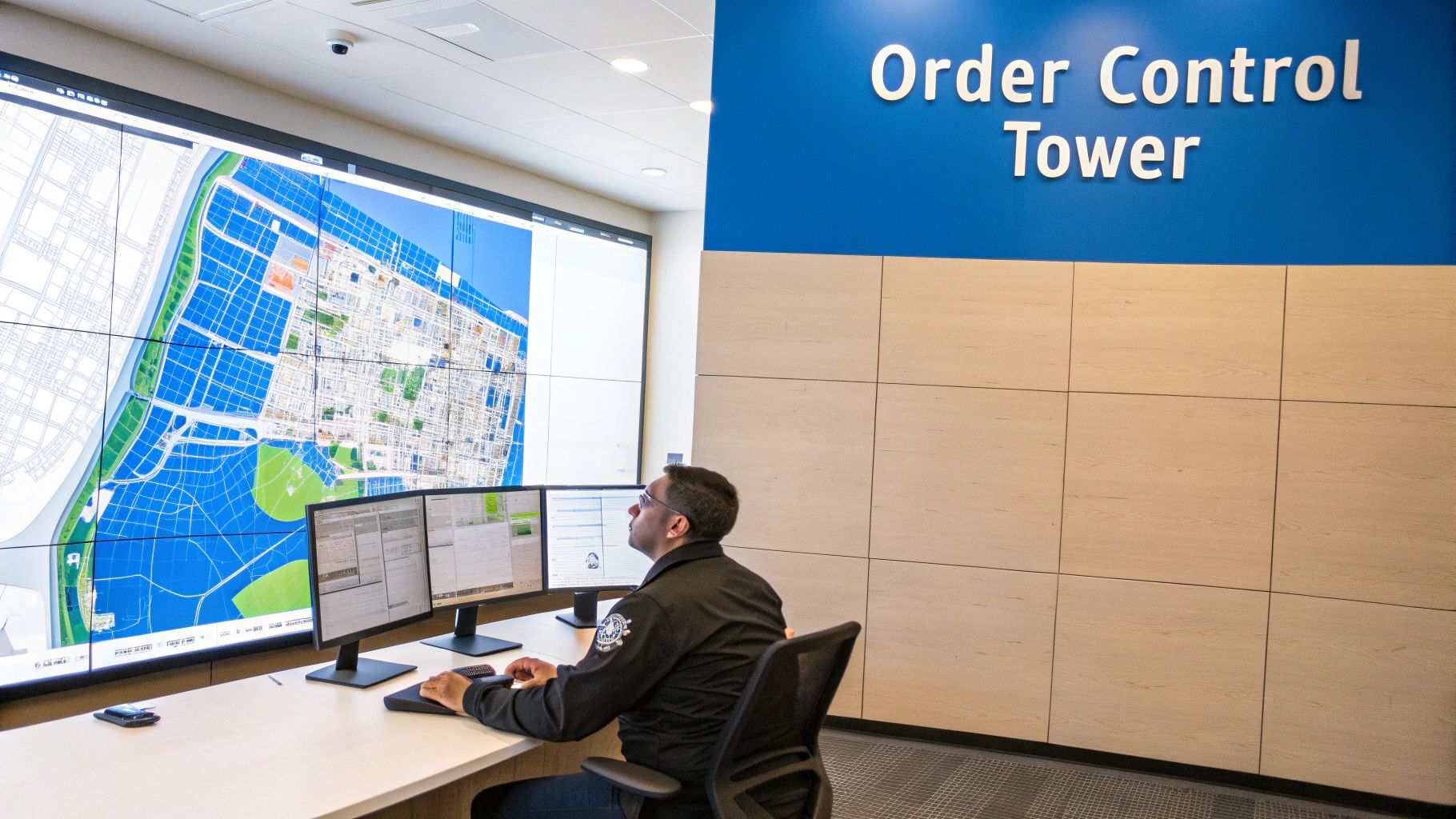A flowchart showing a centralized system branching out to multiple fulfillment centers and retail stores, illustrating the concept of distributed order management.