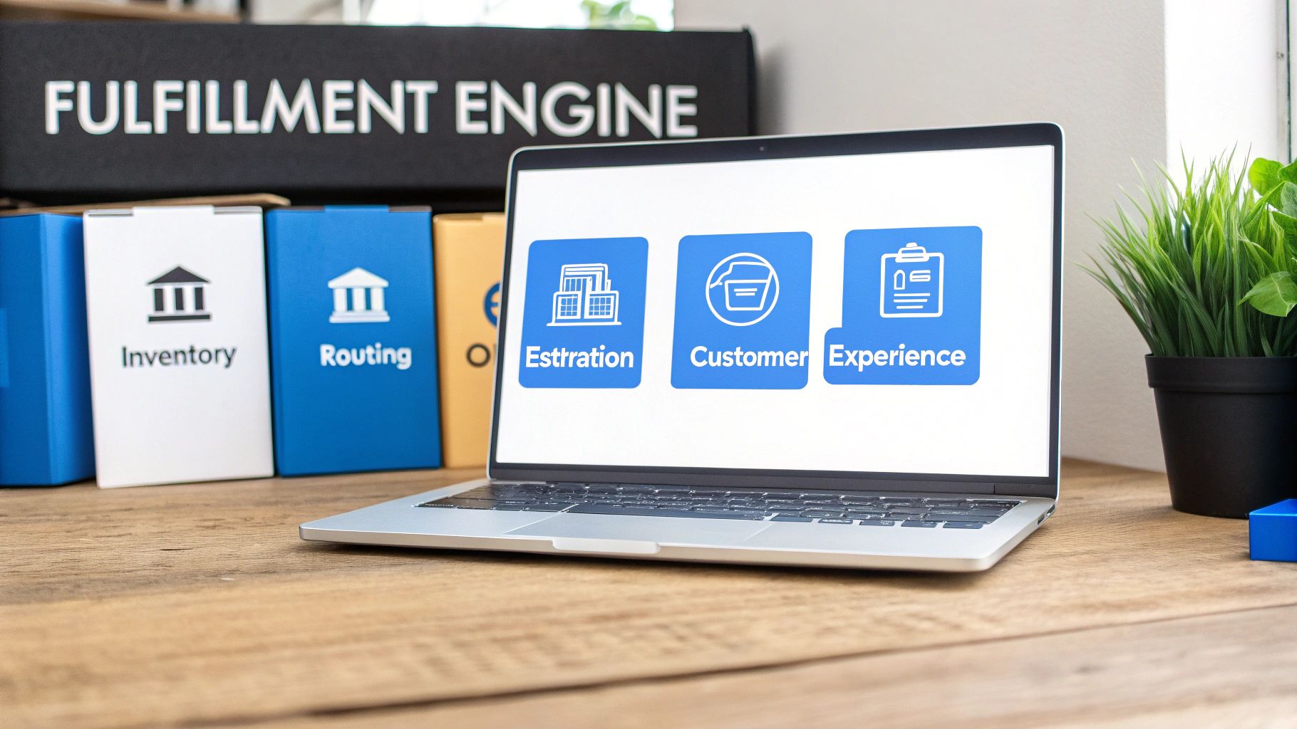 A diagram showing the four core components of a DOM system: Centralized Inventory Visibility, Intelligent Order Routing, Fulfillment Network Orchestration, and Customer Experience Tools, all interconnected.