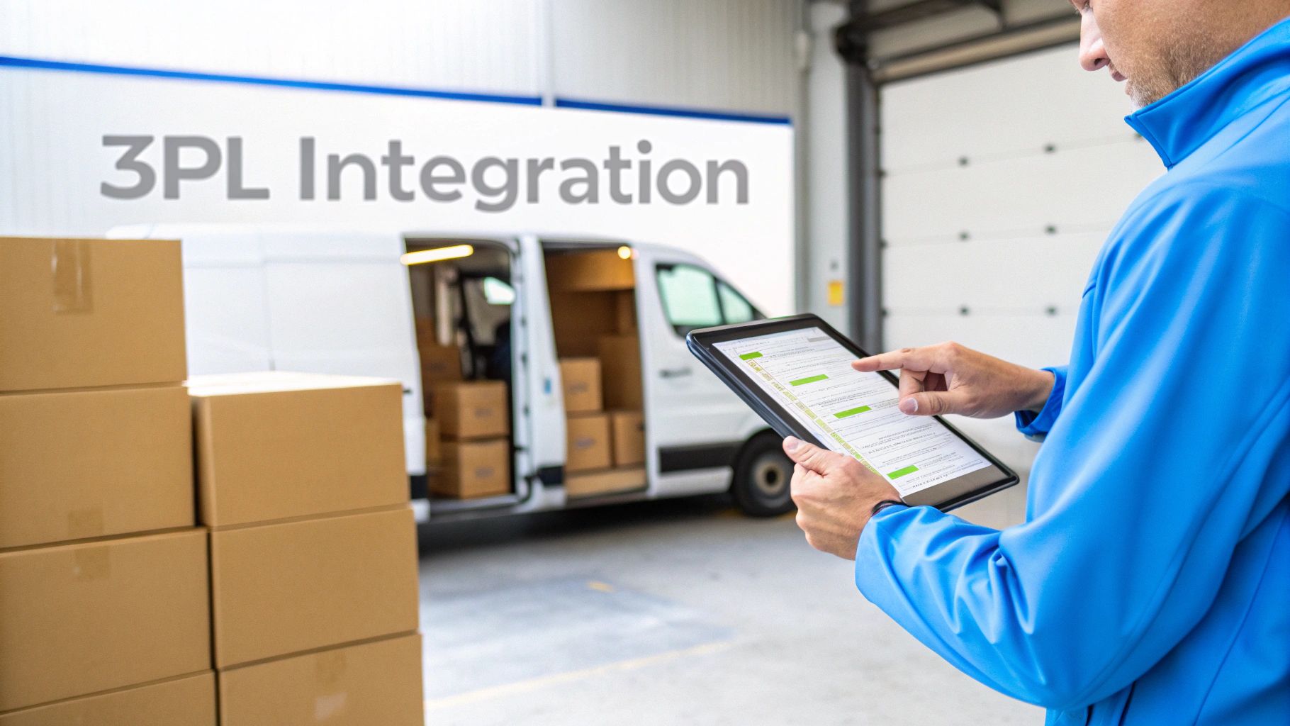 A warehouse worker scanning a package with a handheld device, with shelves of inventory in the background.