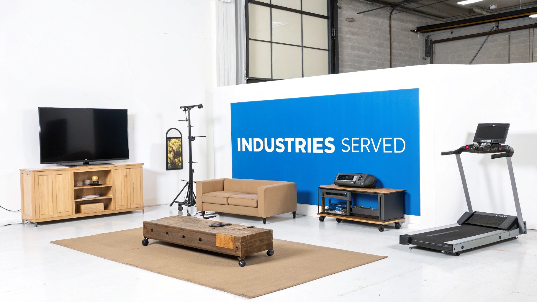 A delivery team carefully placing a large piece of furniture in a living room