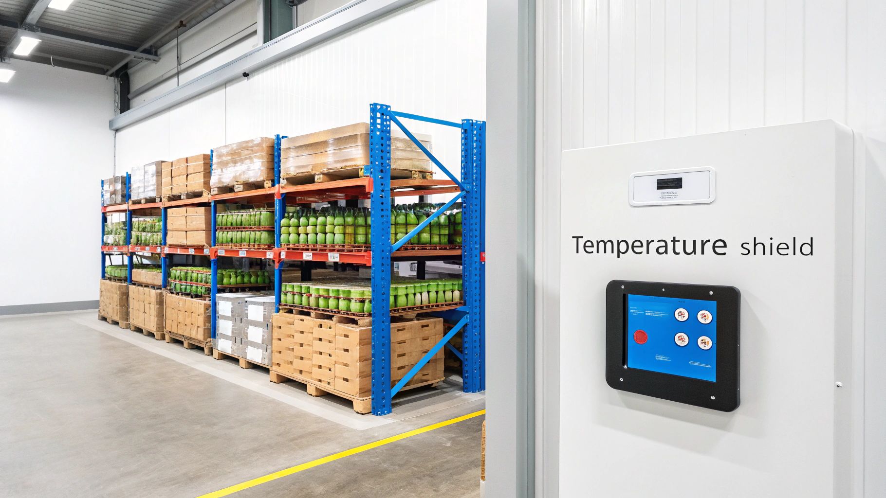 Workers moving pallets inside a brightly lit temperature control warehouse