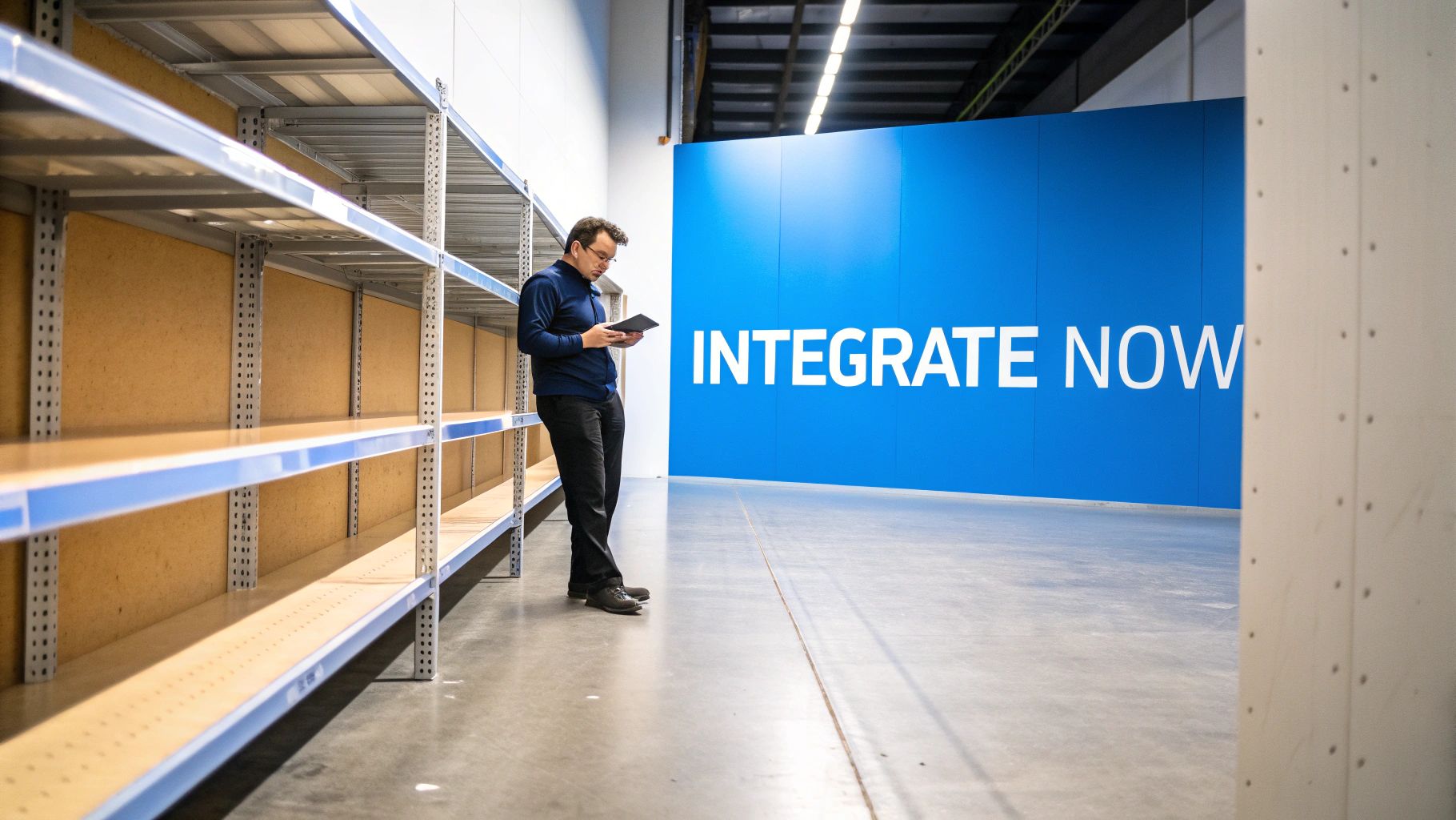 A modern warehouse with robotic arms and conveyor belts, illustrating an integrated and automated supply chain.