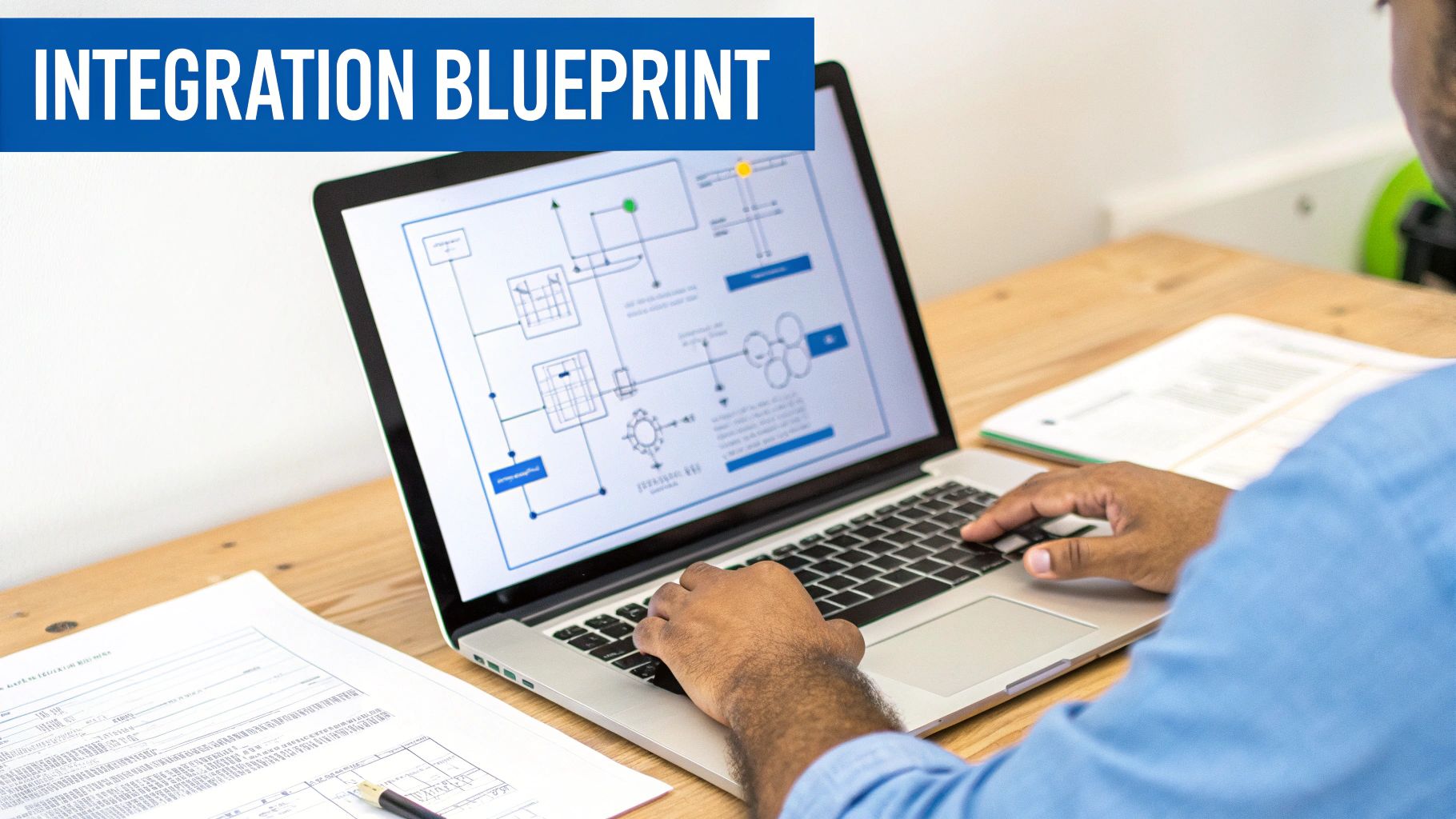 A person at a desk with blueprints and a laptop, illustrating the planning and strategy phase of a project.