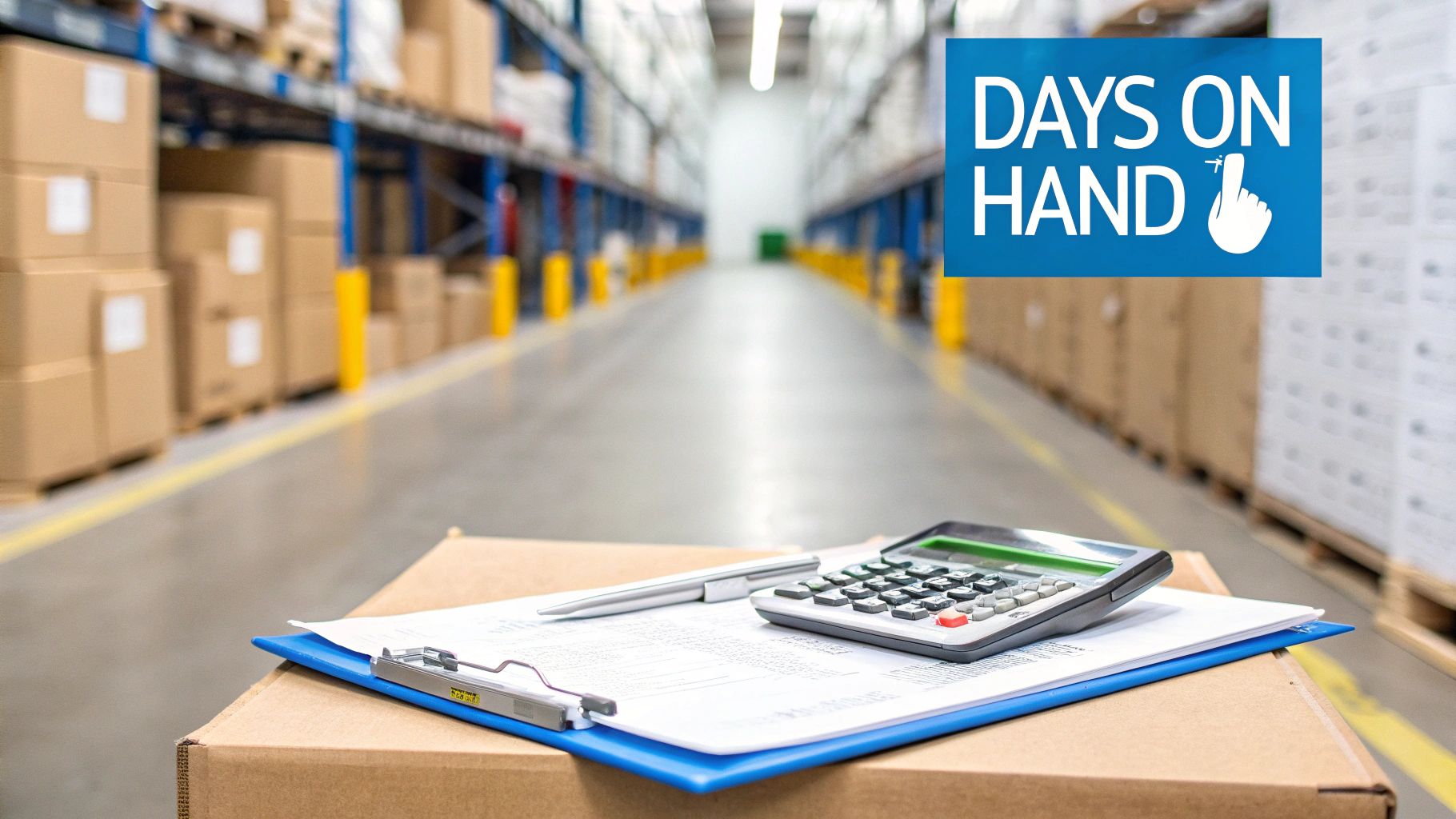 Calculator and clipboard with documents on cardboard box in warehouse aisle for inventory management