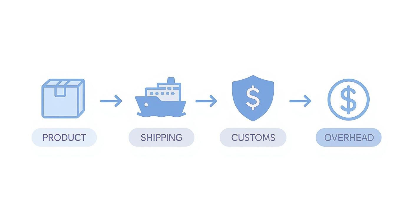 Flowchart showing landed cost calculation components: product, shipping, customs duties, and overhead expenses