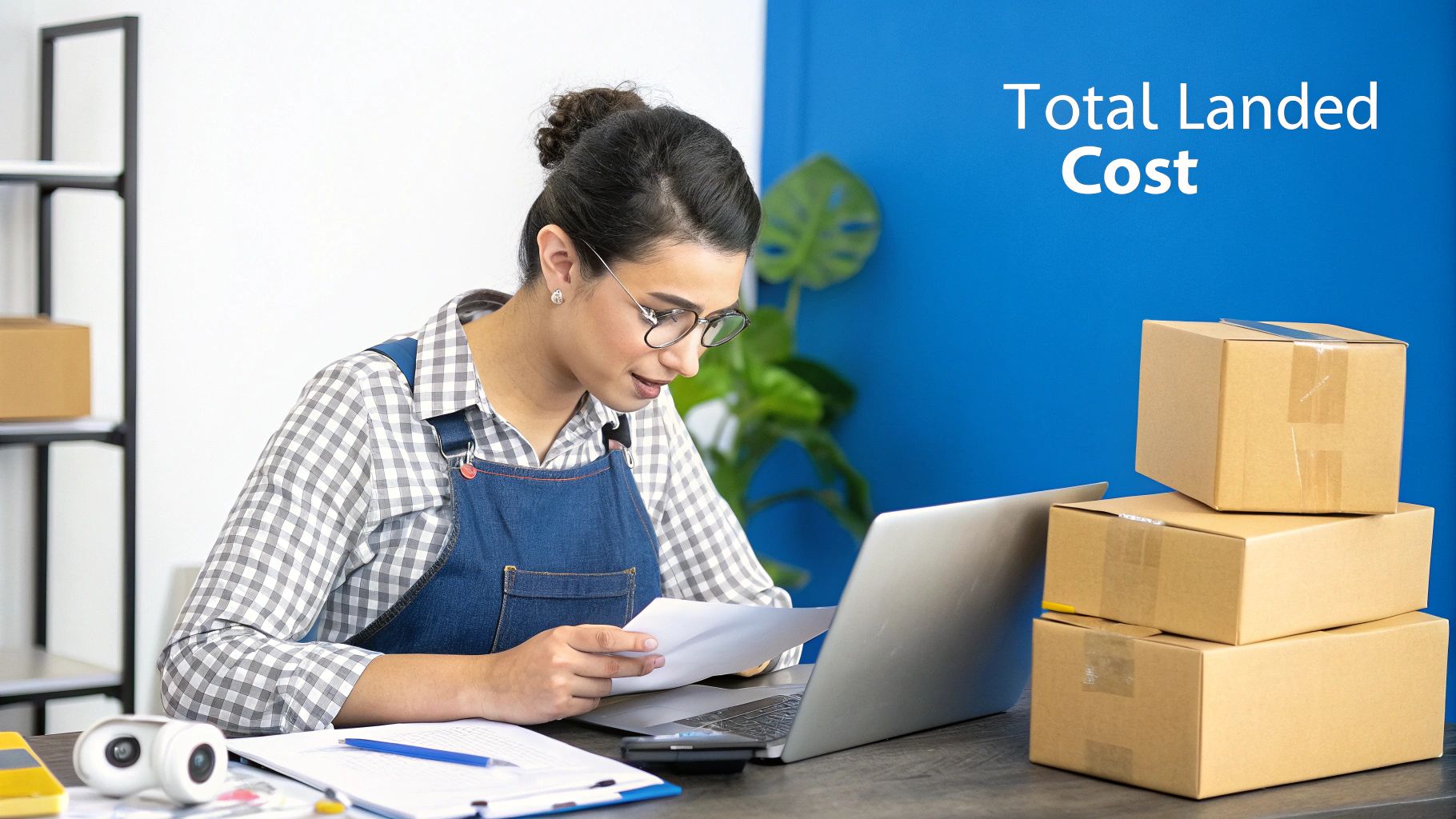 Small business owner calculating total landed cost while reviewing shipping documents and inventory boxes