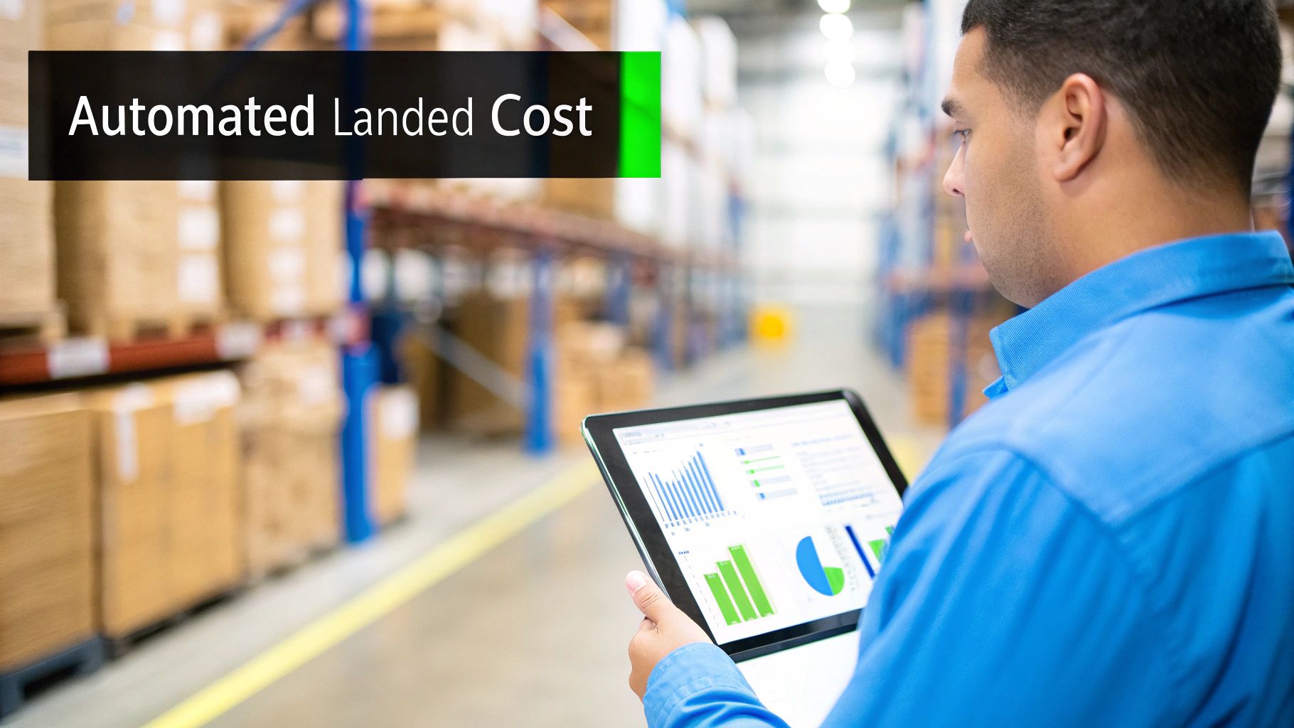 Warehouse manager reviewing automated landed cost calculations on tablet displaying colorful charts and graphs