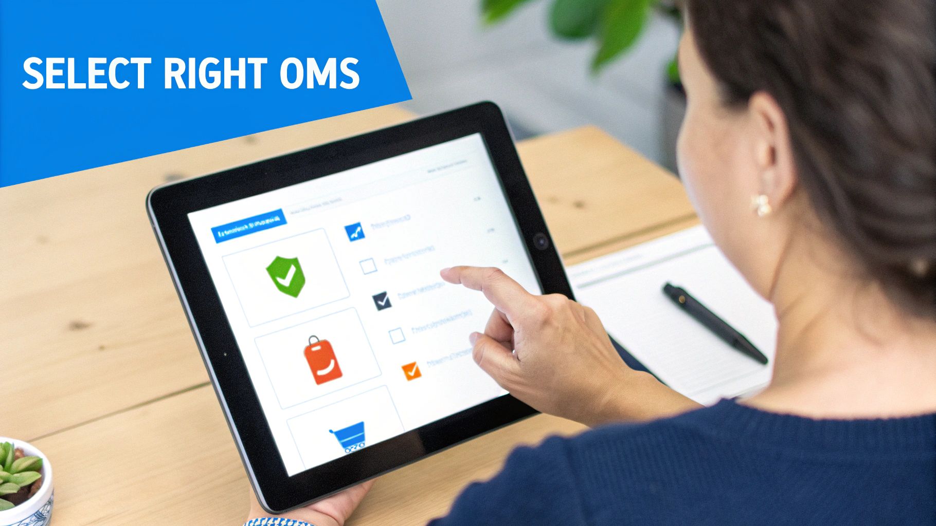 Woman selecting order management system options on tablet computer at wooden desk